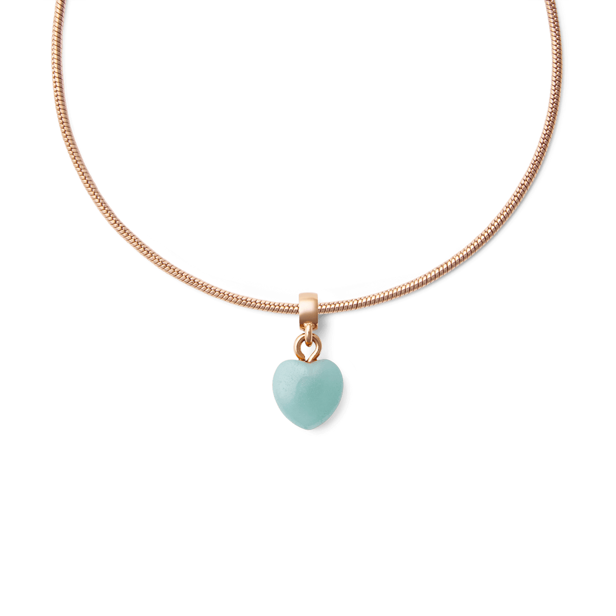 Rose gold necklace featuring a heart-shaped amazonite charm with a soft blue-green stone, offering a delicate and elegant accent.