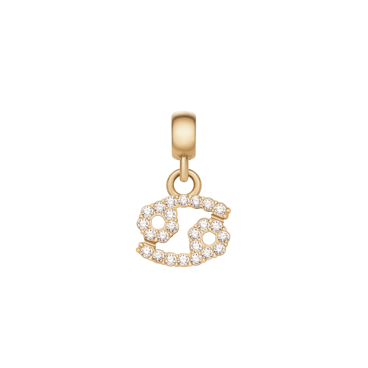 Cancer zodiac charm crafted in gold with shimmering cubic zirconia crystals and a smooth gold clasp, ideal for customising bracelets or necklaces.