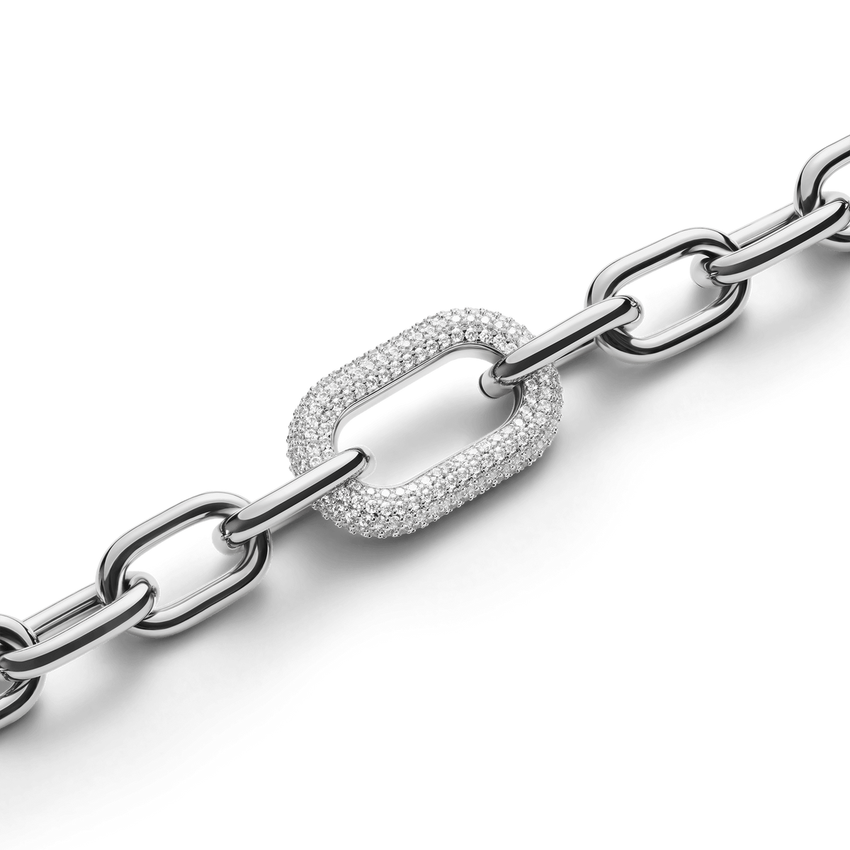 Close-up of the Crystal Link Necklace Silver, highlighting the bold central link encrusted with sparkling cubic zirconia crystals set in polished stainless steel.