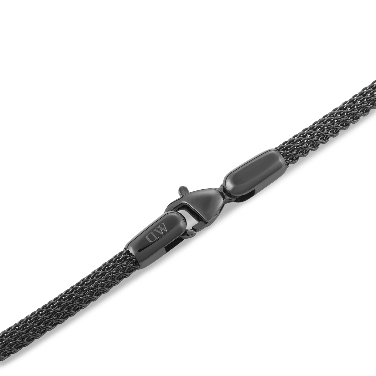 Close-up of the Tide Mesh Bracelet Graphite 2.8 showing its fine graphite mesh design and secure lobster clasp with subtle DW branding.