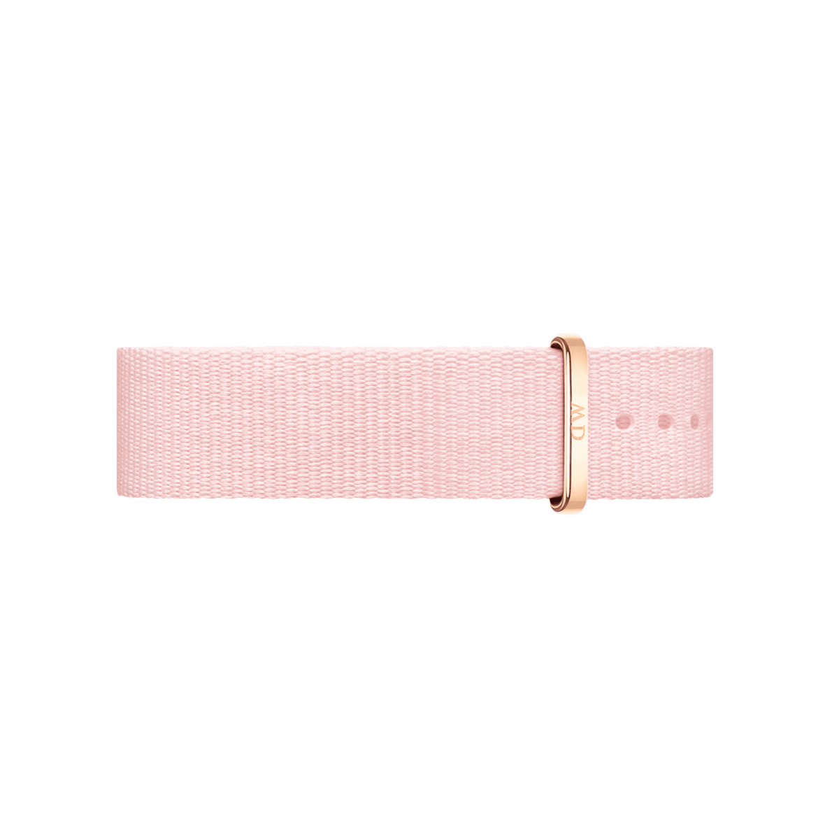 Rosewater Strap Rose Gold features a light pink woven NATO design in recycled polyester, finished with a rose gold buckle and multiple adjustment holes for a secure, elegant fit.