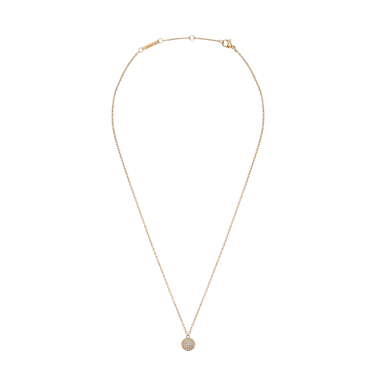 Gold pavé crystal pendant necklace featuring a delicate adjustable chain and a sparkling sphere pendant set with cubic zirconia.