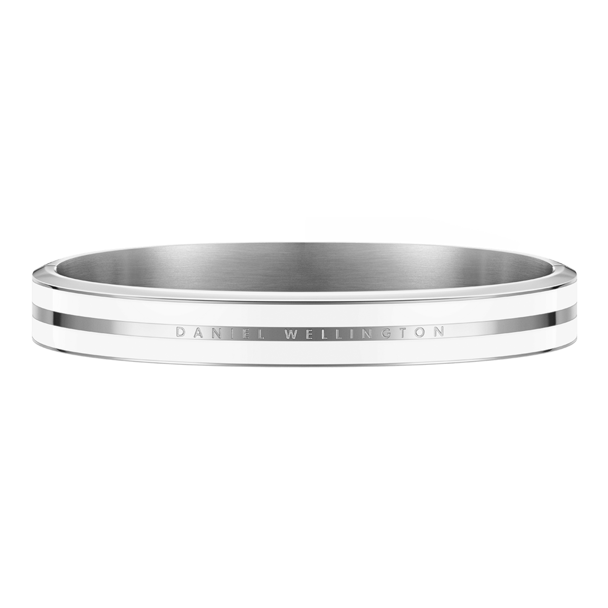 Minimalist silver bangle with a satin white enamel finish and Daniel Wellington engraved branding, crafted from stainless steel.