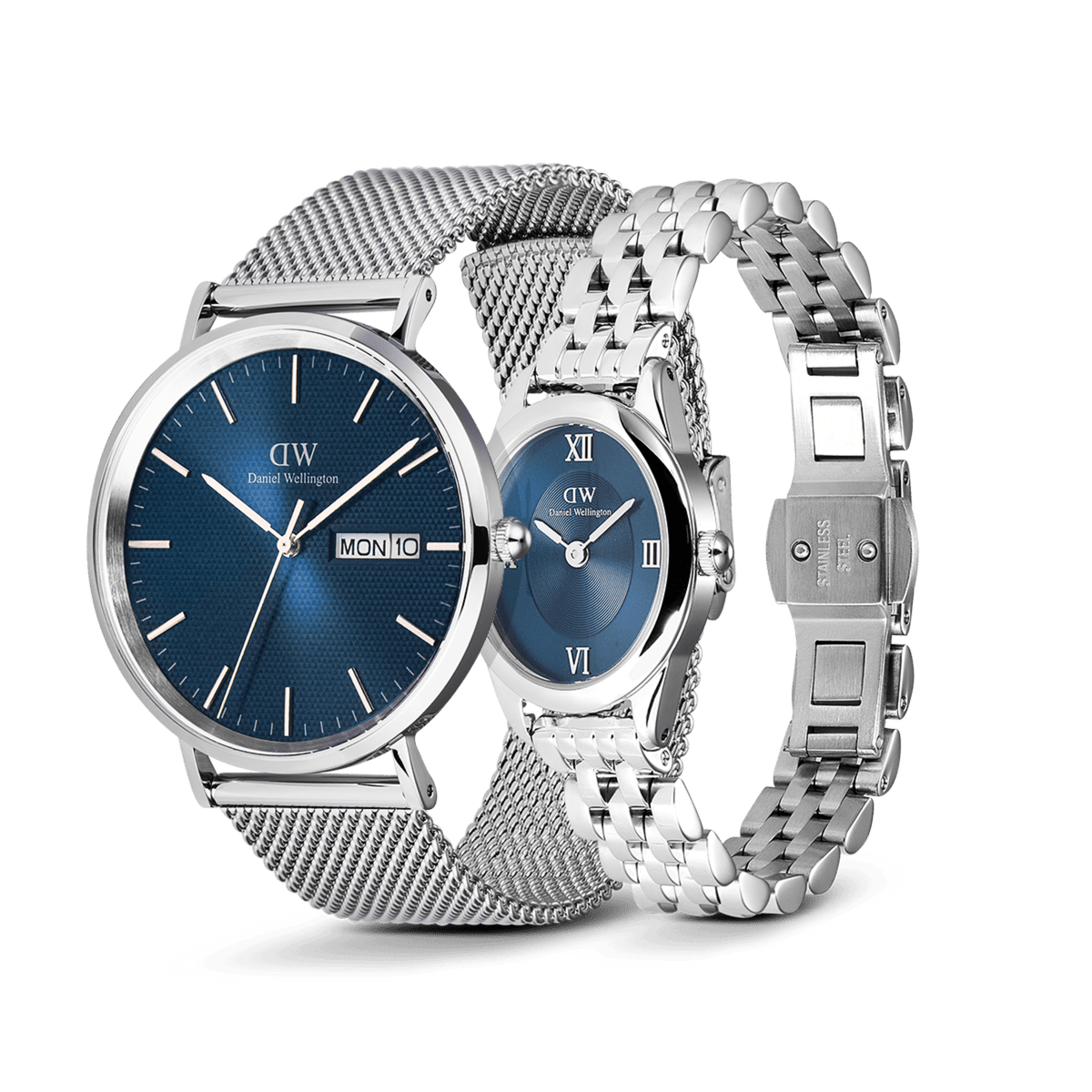 Classic Day & Ophelia Mini Arctic Silver Set featuring a men’s stainless steel mesh strap watch with a blue dial and day-date display, paired with a women’s petite silver link bracelet watch with a matching blue face, both showcasing elegant and contemporary design.