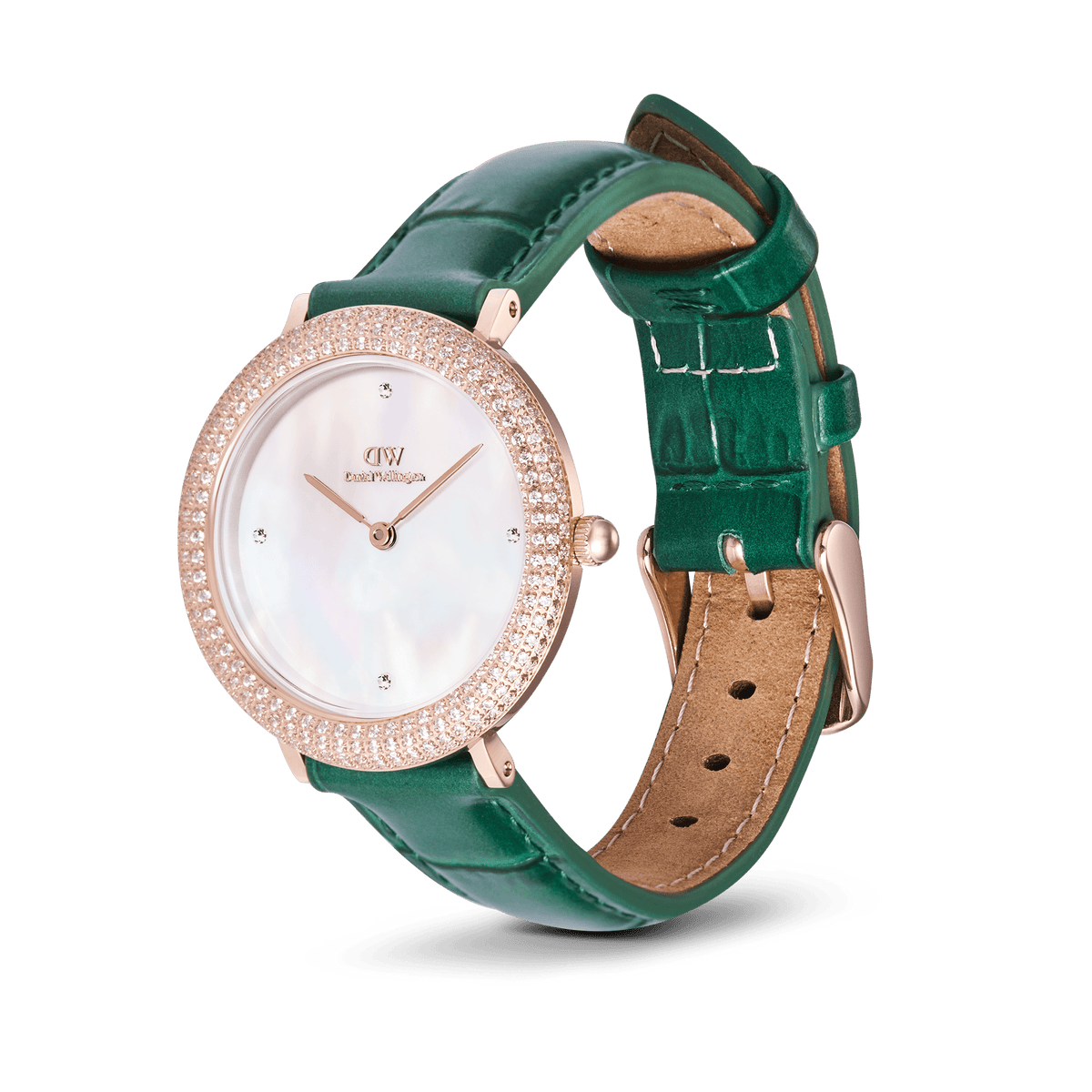 Crystalline Bezel Green Croc Rose Gold women’s watch featuring a mother of pearl dial, rose gold case with sparkling crystals, and an emerald green crocodile-textured leather strap with a classic pin buckle.