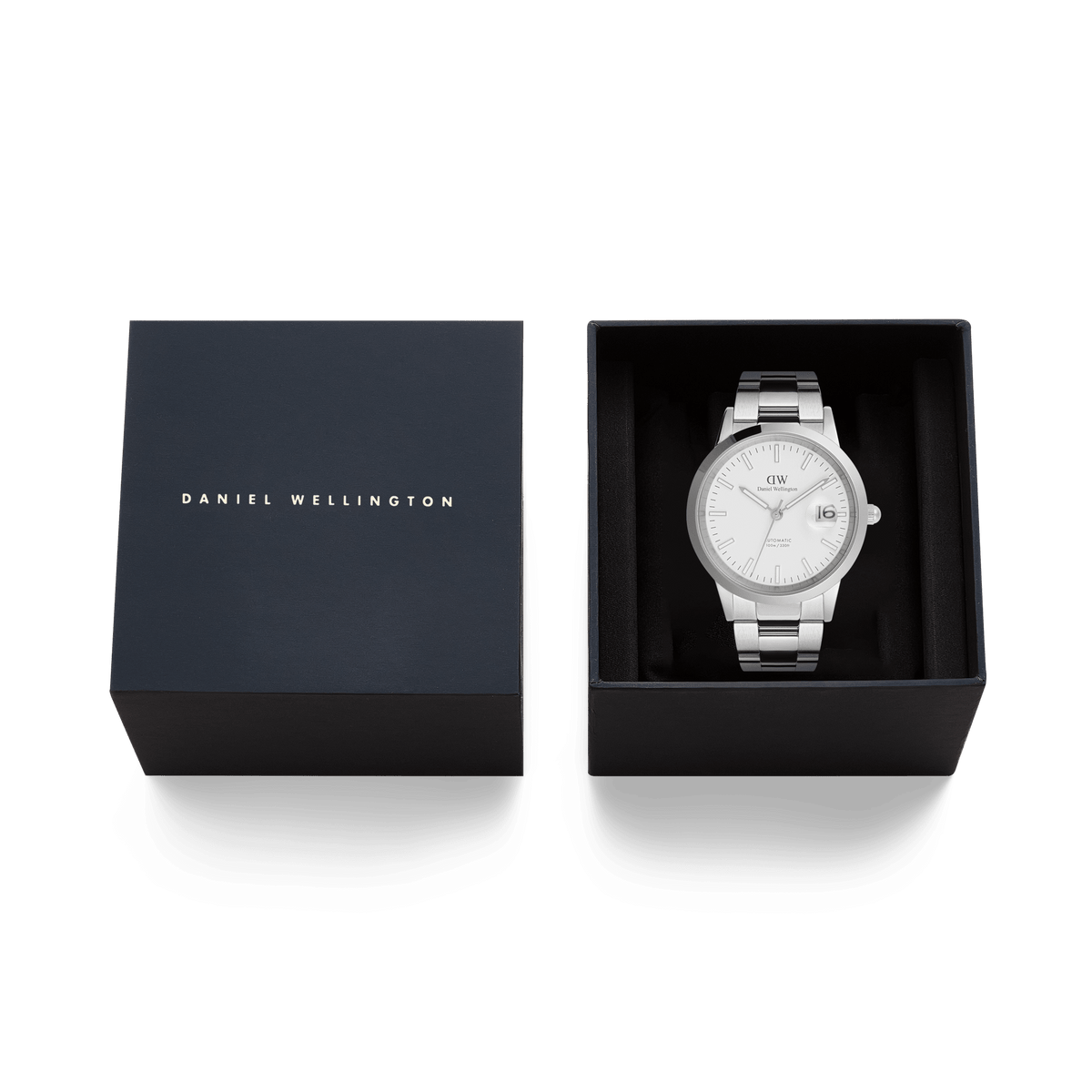 Daniel Wellington Iconic Link Automatic Silver watch presented in an elegant black gift box with gold branding.