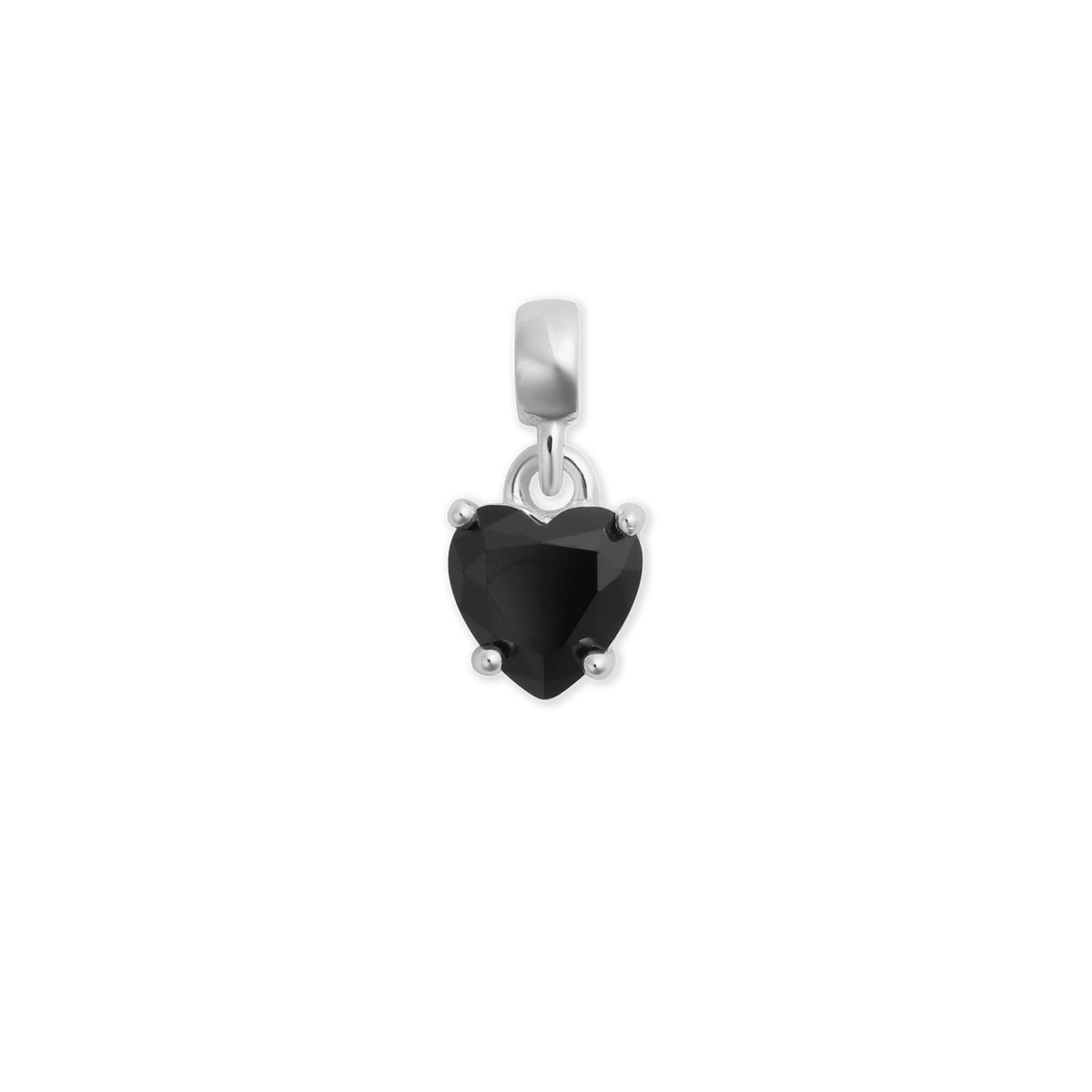 Heart-shaped black cubic zirconia charm set in sterling silver with a claw setting and a polished bail, designed for necklaces or bracelets.