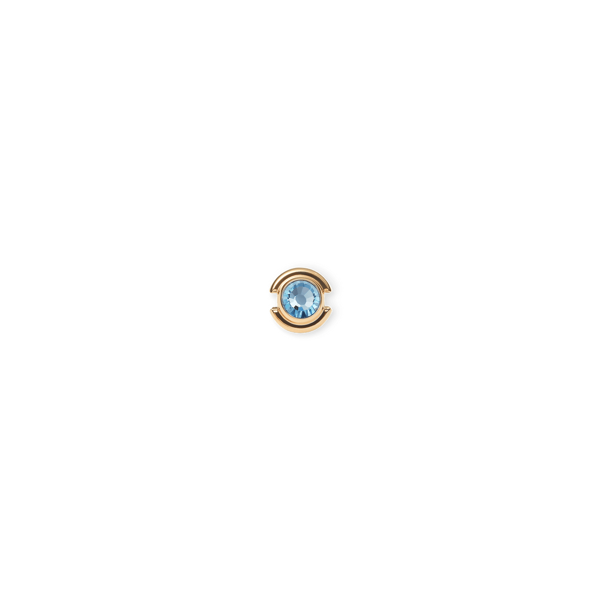 Small gold-plated stainless steel charm featuring a light blue aquamarine-inspired crystal set in a minimalist circular frame.