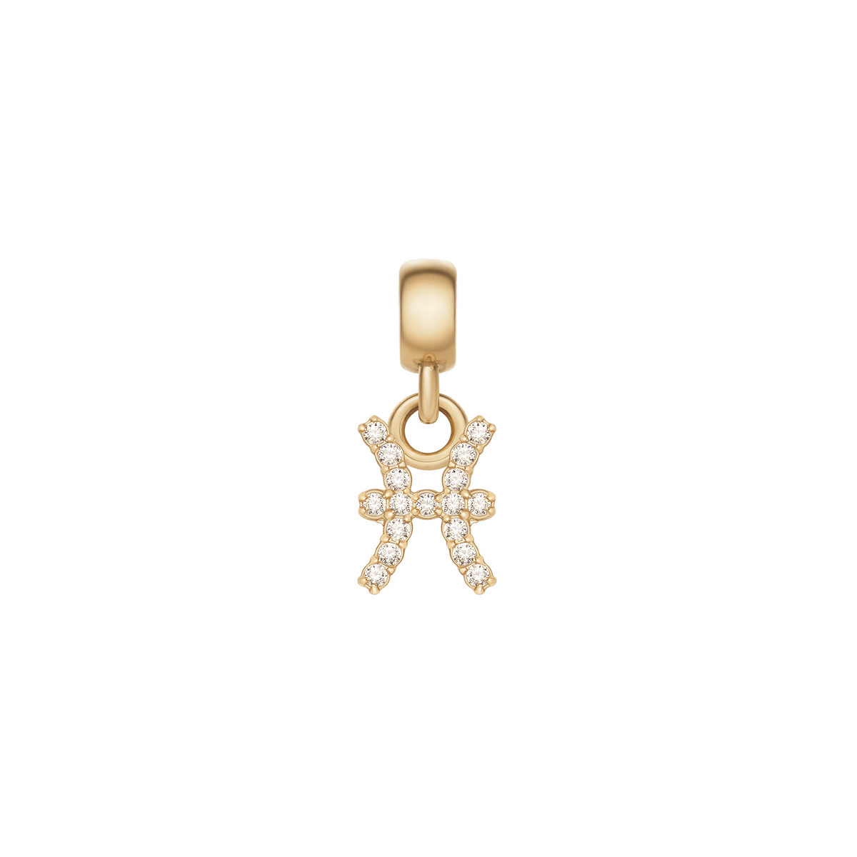 Gold Pisces zodiac charm featuring sparkling cubic zirconia crystals and a polished gold clasp, designed for versatile jewellery styling.