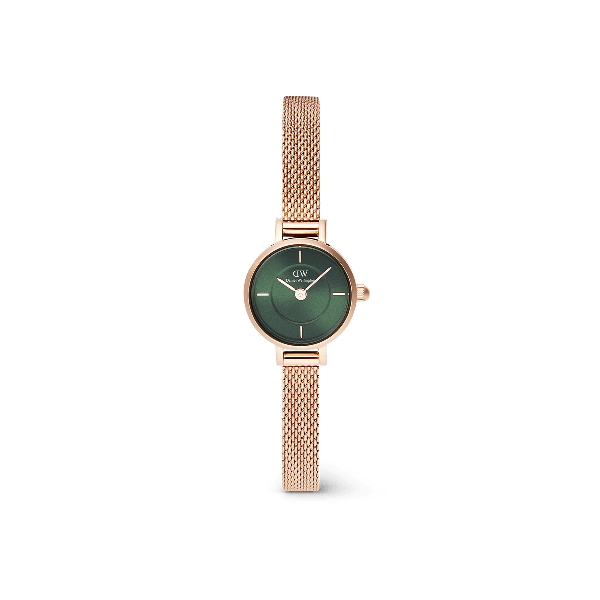 Petite Mini Emerald Melrose watch featuring a round emerald green sunray dial, minimalist markers, and a slim rose gold mesh strap, designed for small wrists.
