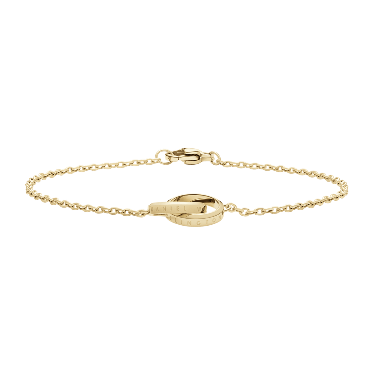 Elan Unity Bracelet in gold stainless steel with two interlocking rings as a centrepiece on a fine adjustable chain.