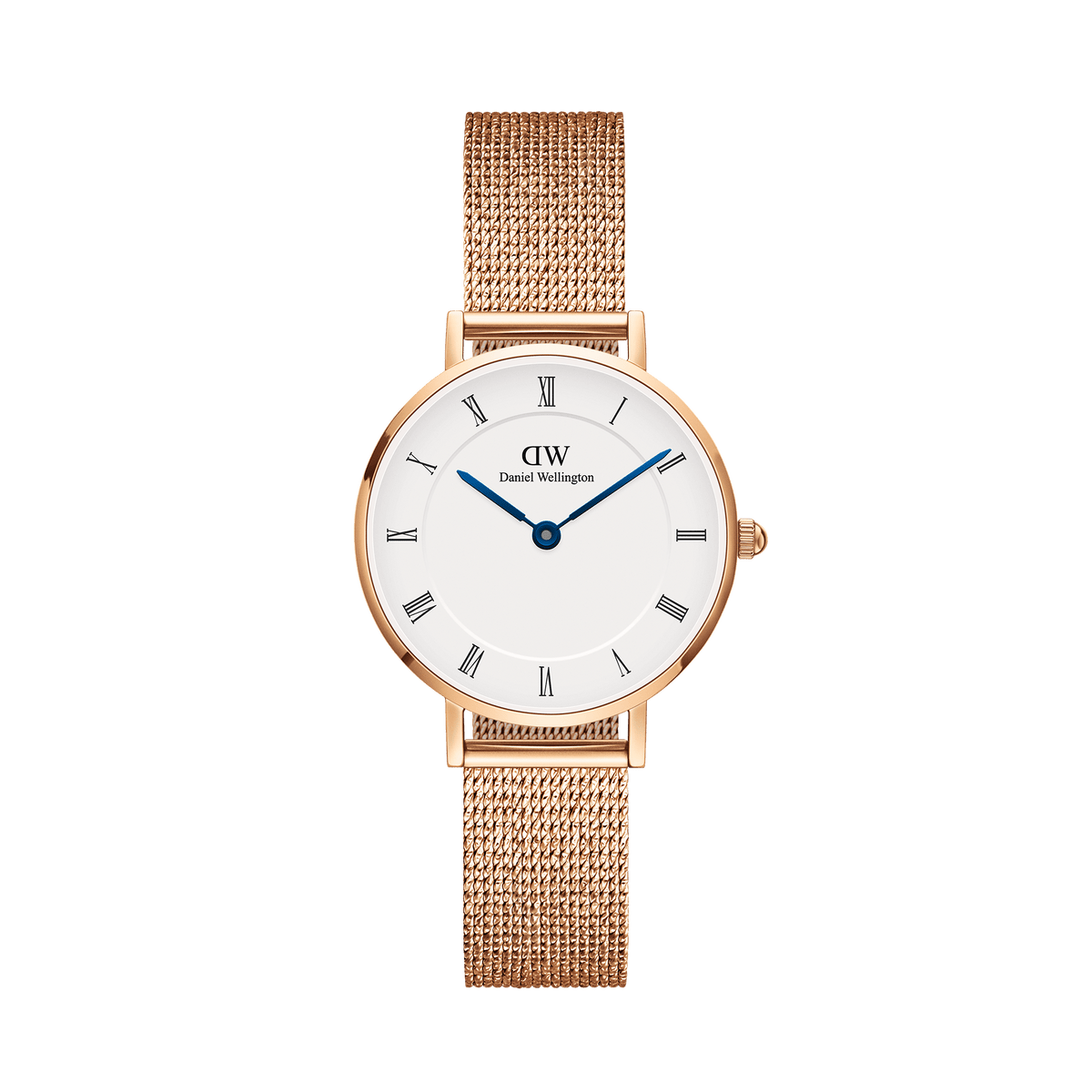 Rose gold petite women’s watch with white Roman numeral dial, blue hands, and mesh strap by Daniel Wellington.