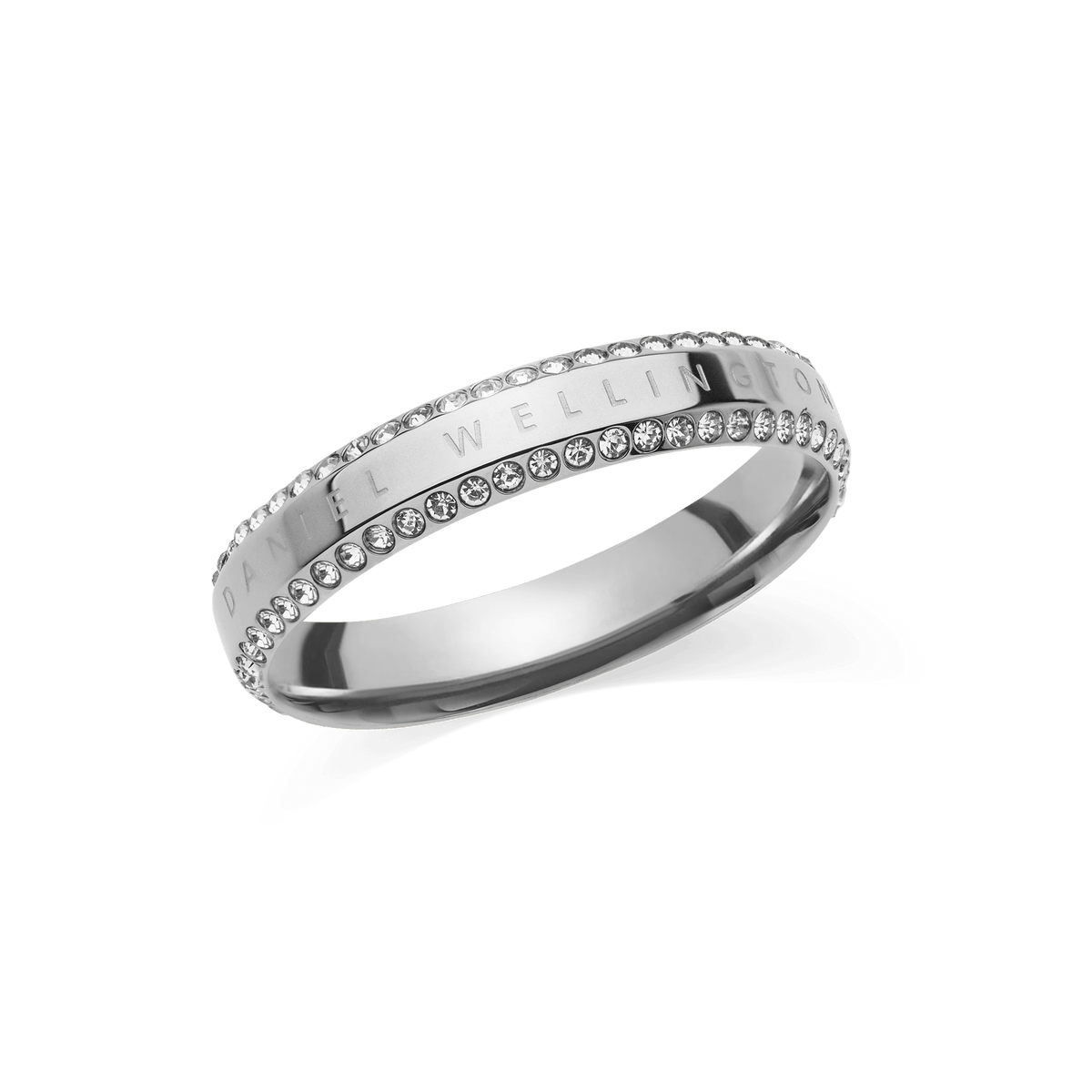 Polished silver ring crafted from stainless steel, featuring two rows of white cubic zirconia crystals along the chamfered edge and an engraved Daniel Wellington logo for an elegant, contemporary look.