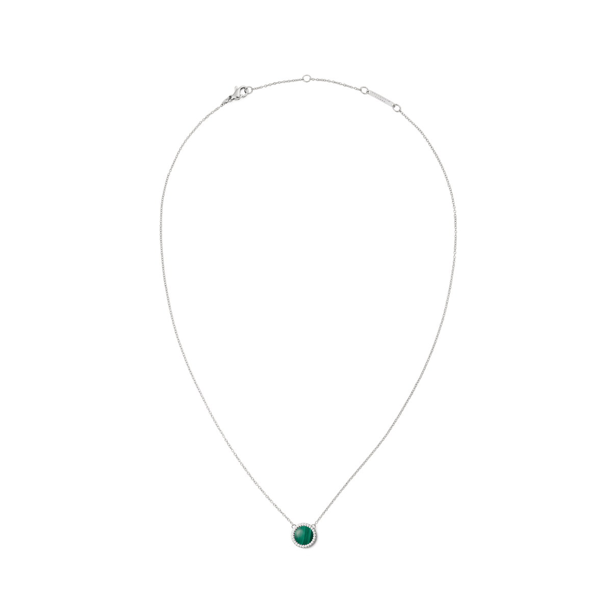 Silver necklace with adjustable chain, featuring a domed green malachite pendant framed by white cubic zirconia crystals.