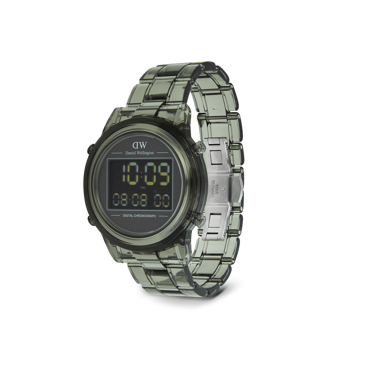 Retro Digital Dark Green watch with a transparent dark green bio-based plastic strap, round case, and black digital display featuring dual time and chronograph functions.
