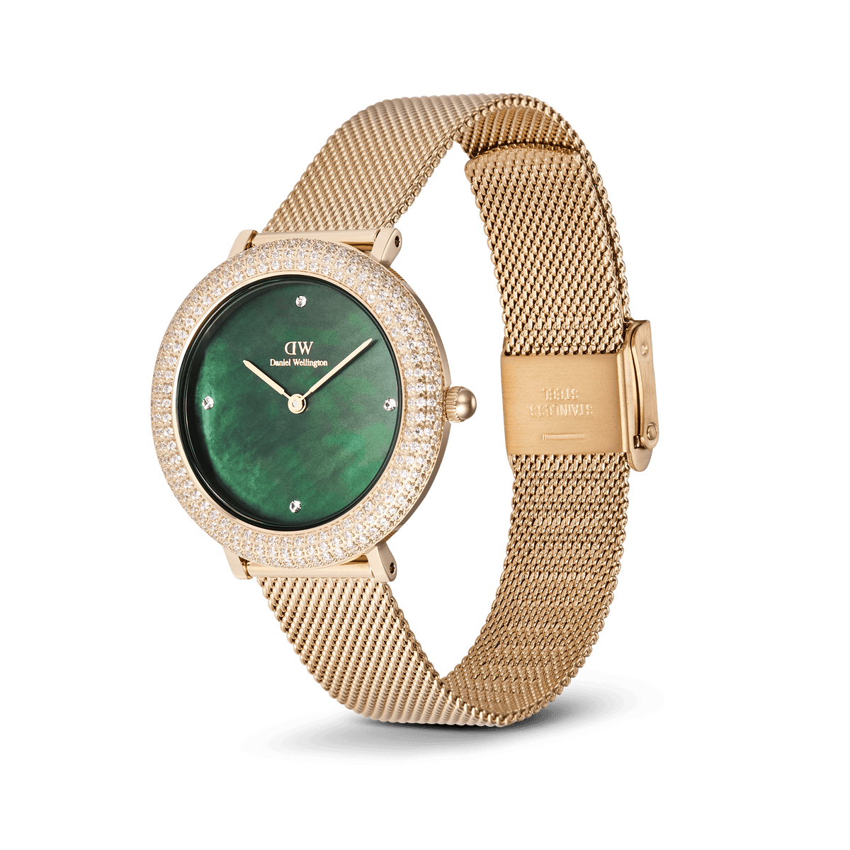 Crystalline Bezel Evergold Green women’s watch with gold mesh strap, green mother-of-pearl dial, and crystal-set bezel.
