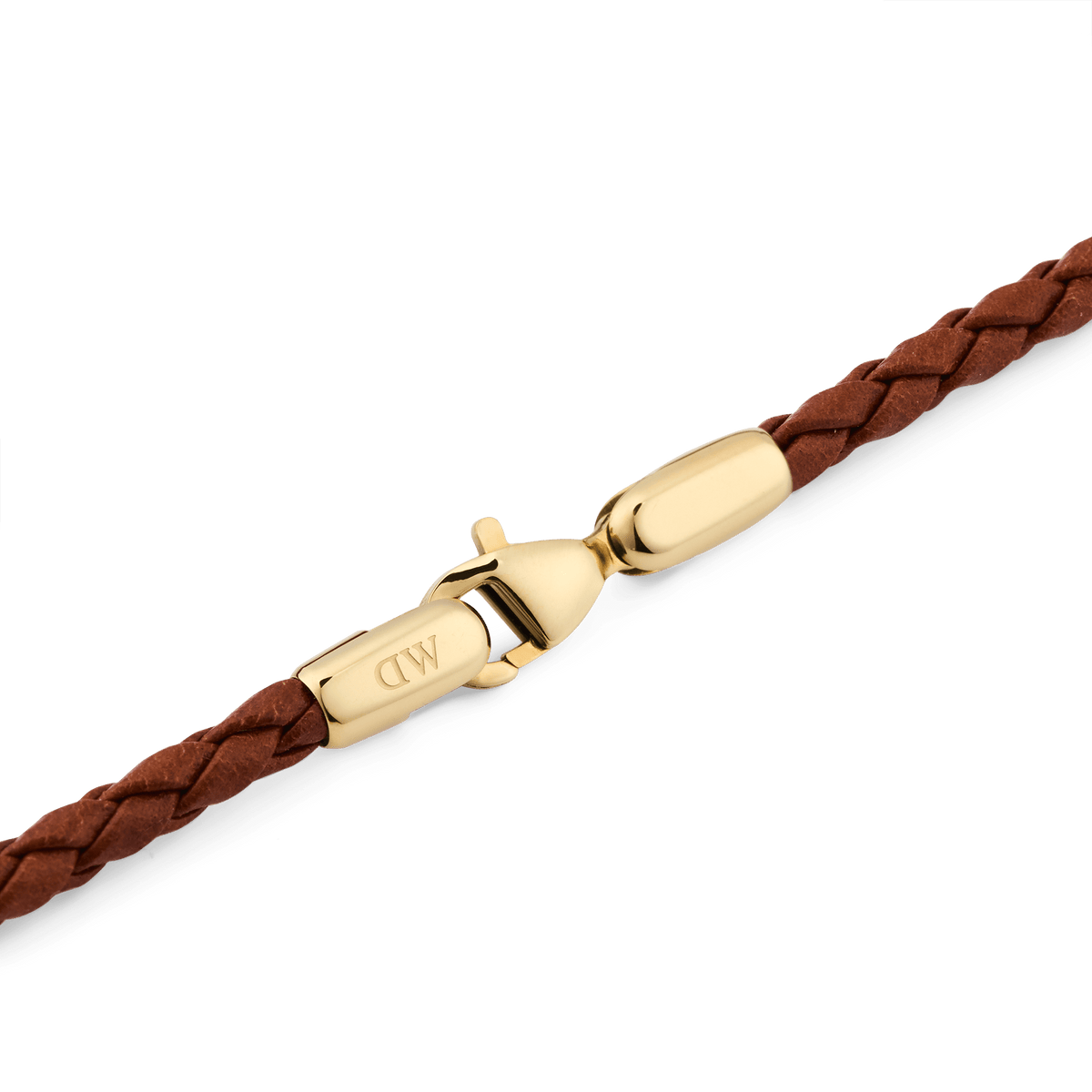 Detail view of the Daniel Braided Leather Bracelet St Mawes 2.8 Gold, highlighting the polished gold-tone lobster clasp engraved with DW and the finely braided brown leather band.