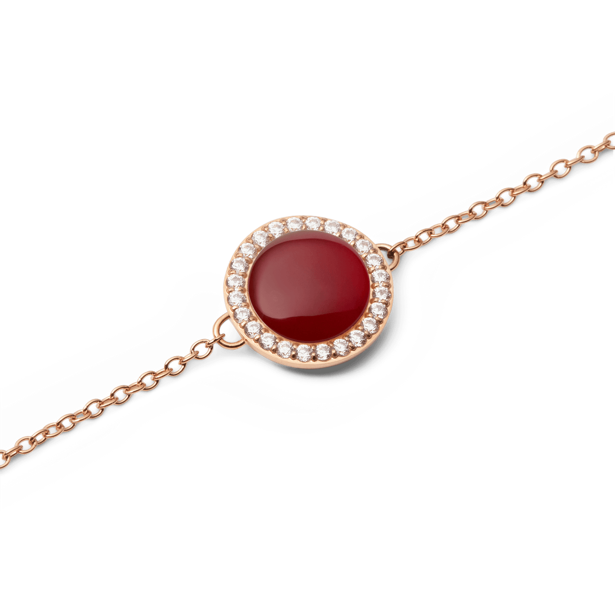 Close-up of Audrey Bracelet featuring a red agate centre stone framed by sparkling cubic zirconia on a rose gold chain.