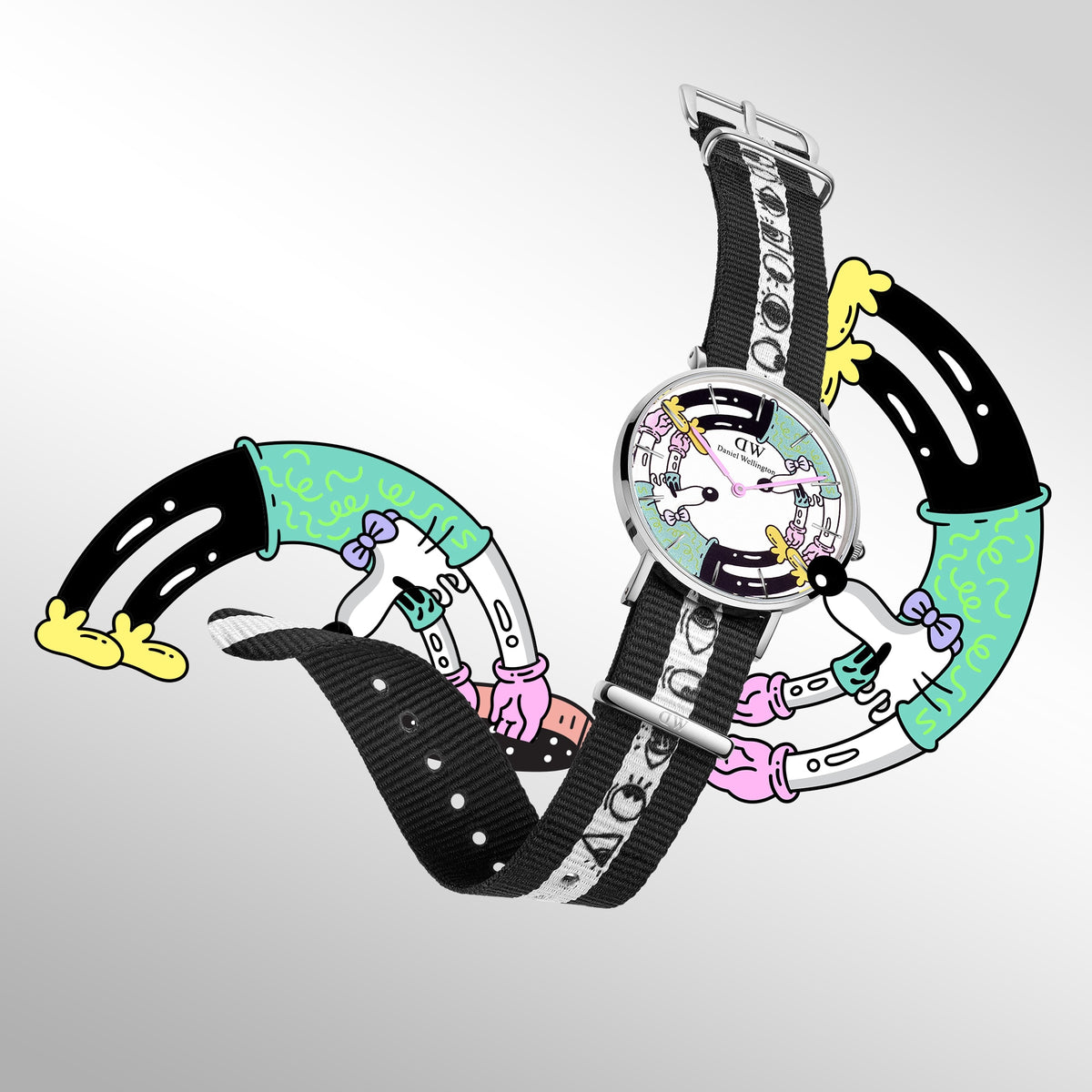 Steven Harrington x DW: NATO Multicolor Printed Dial watch displayed with a black and white NATO strap, featuring vibrant, whimsical artwork that extends from the dial into the background for a bold, artistic effect.