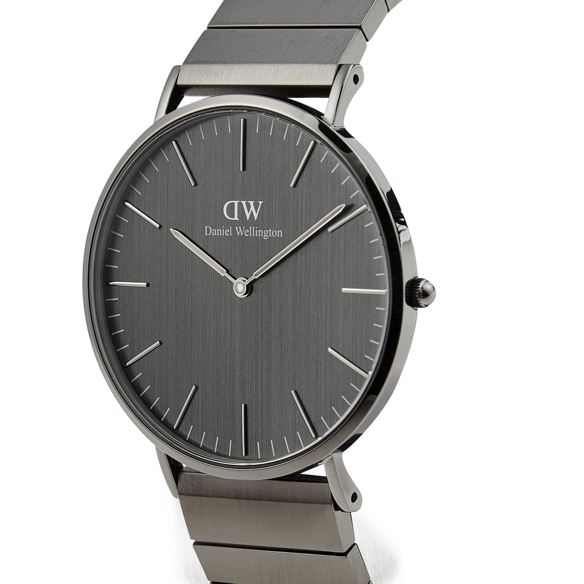 Classic Piano Link Graphite Unitone watch with a brushed graphite dial, minimalist markers, and a geometric graphite stainless steel piano link strap shown in a side profile.