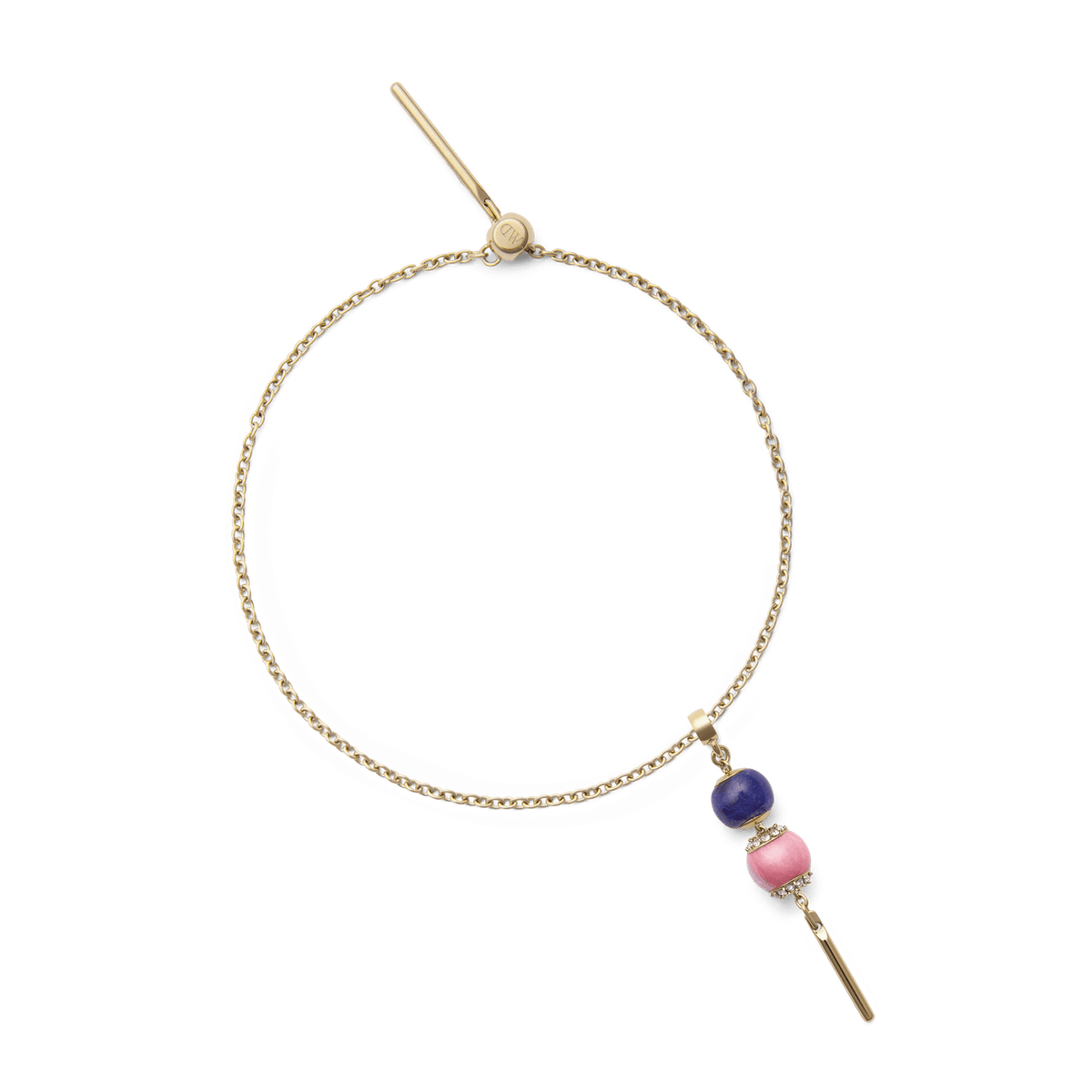 Gold charm extension chain bracelet with a delicate polished chain, featuring a sleek gold bar and two colourful beads in blue and pink, perfect for adding a personalised touch to your jewellery.