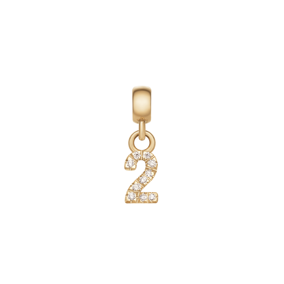 Gold number 2 charm with cubic zirconia detailing, designed for personalising necklaces, bracelets, or earrings.