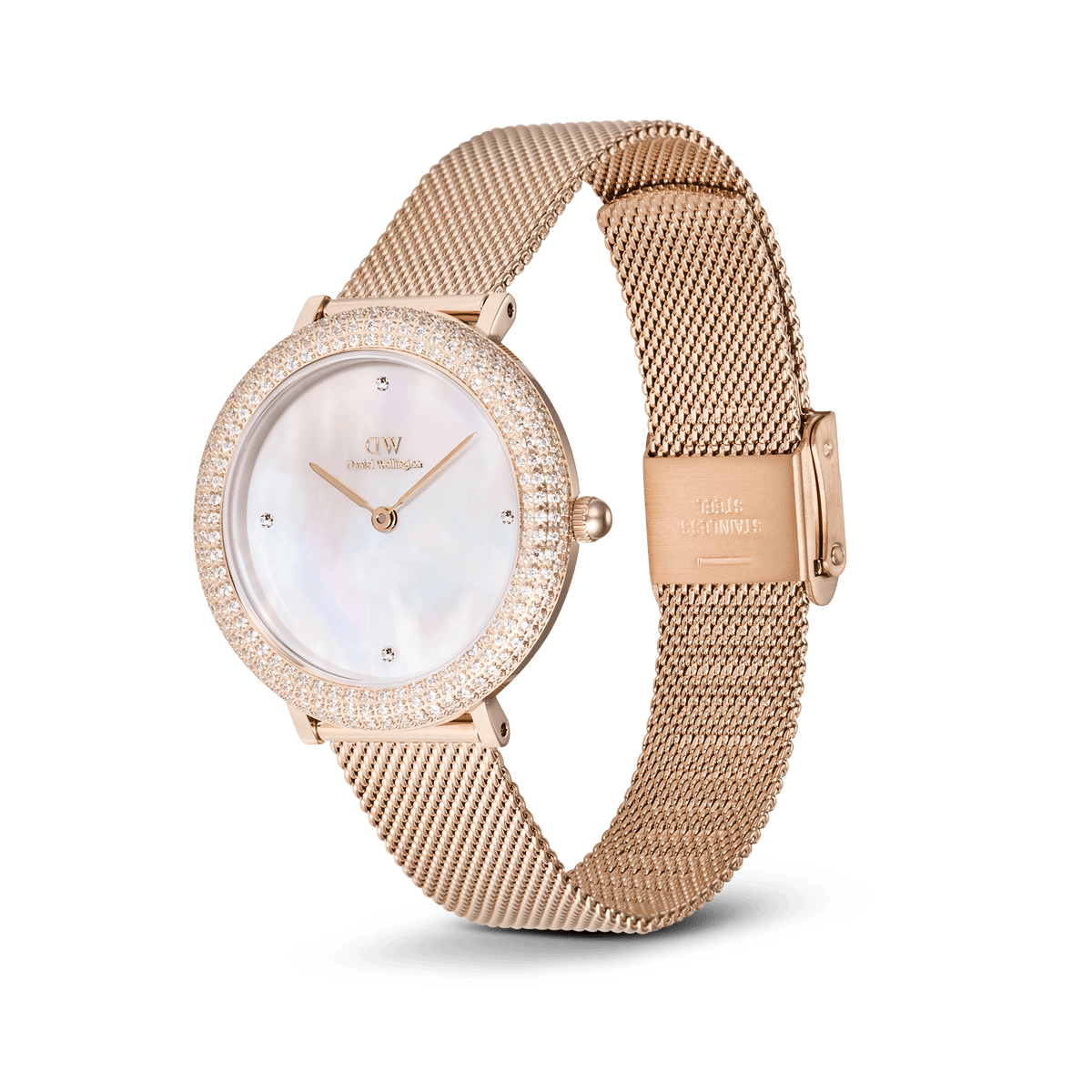 Crystalline Bezel Melrose women’s watch featuring a rose gold mesh strap, iridescent mother of pearl dial, and a bezel adorned with sparkling cubic zirconia and Preciosa stones.