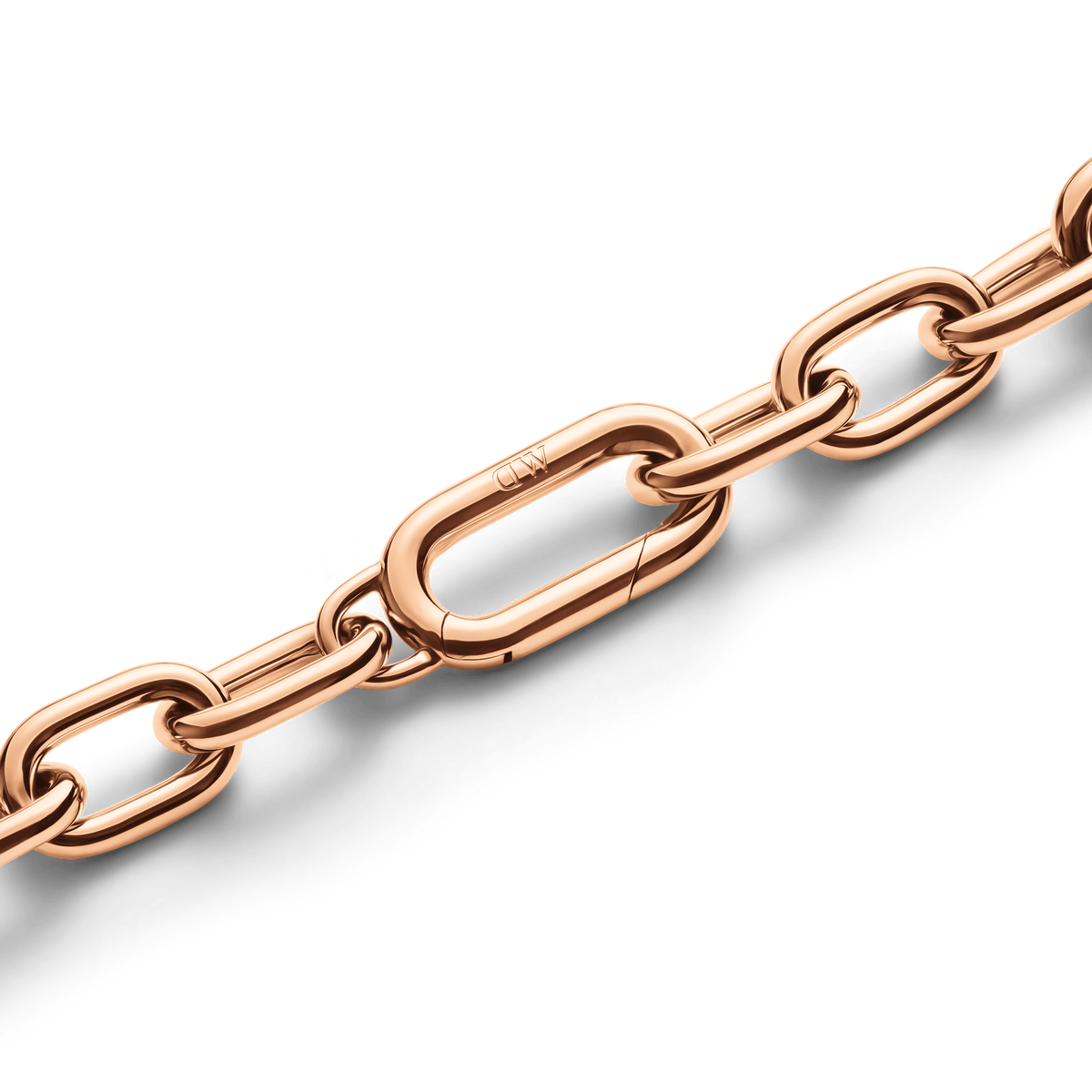 Detail of the Crystal Link Bracelet Rose Gold showing the polished rose gold chain links and the secure spring gate clasp with subtle branding.