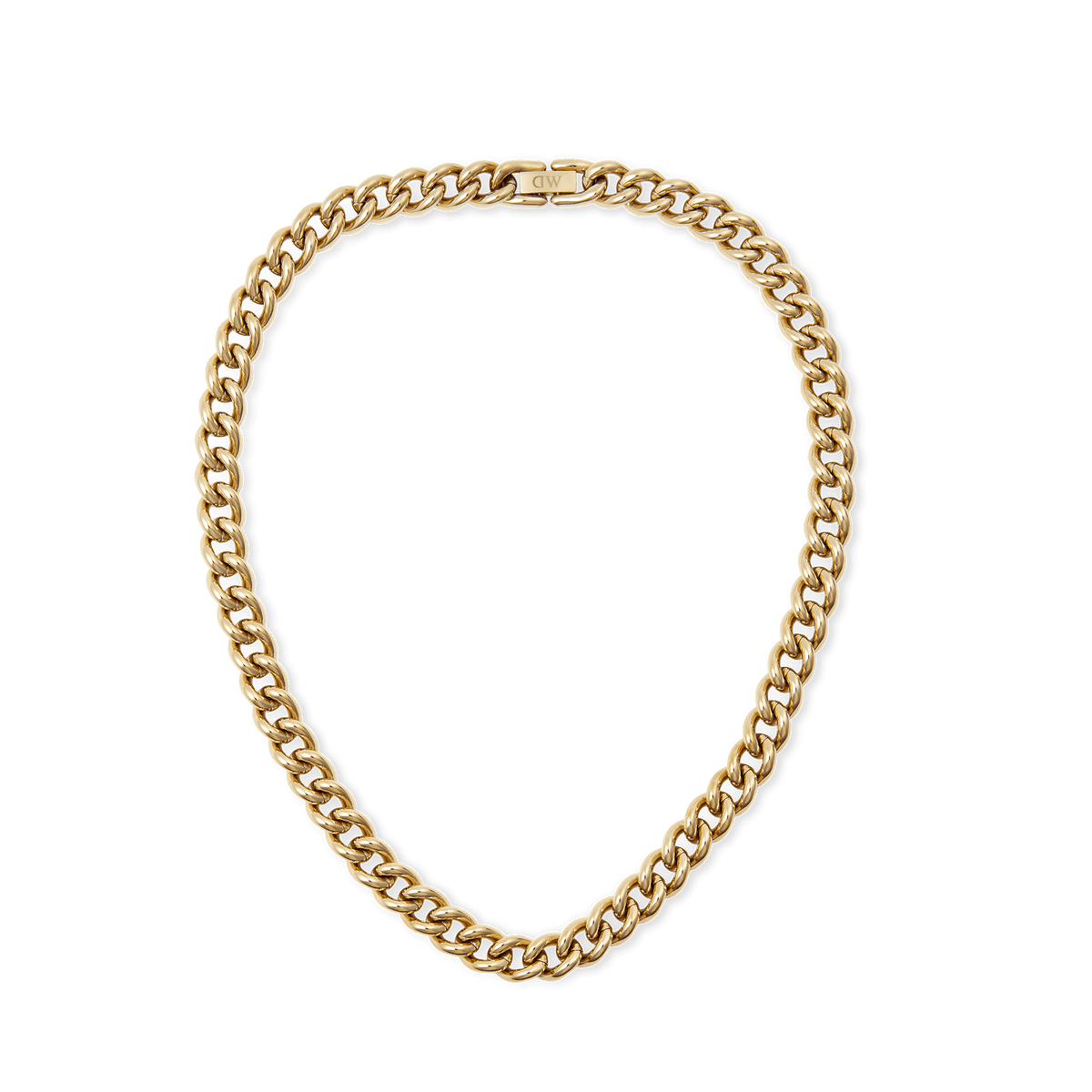 Chunky gold chain necklace with rounded links and a polished finish, featuring a secure fold-over clasp engraved with subtle detail.