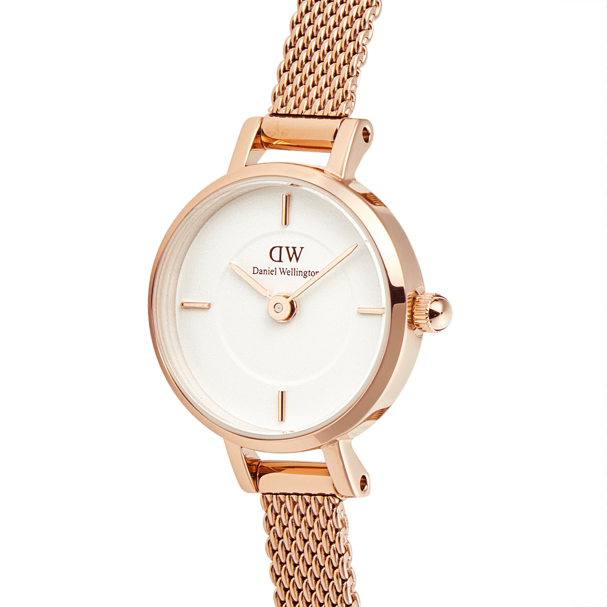 Petite Mini Melrose women's watch with a 19mm round rose gold case, minimalist white dial, and an elegant rose gold mesh strap, designed for a refined and comfortable fit.