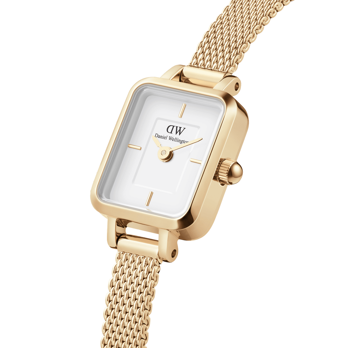 Quadro Mini Evergold rectangular gold mesh strap watch with white dial, minimalist gold markers, and slim bezel for petite wrists.