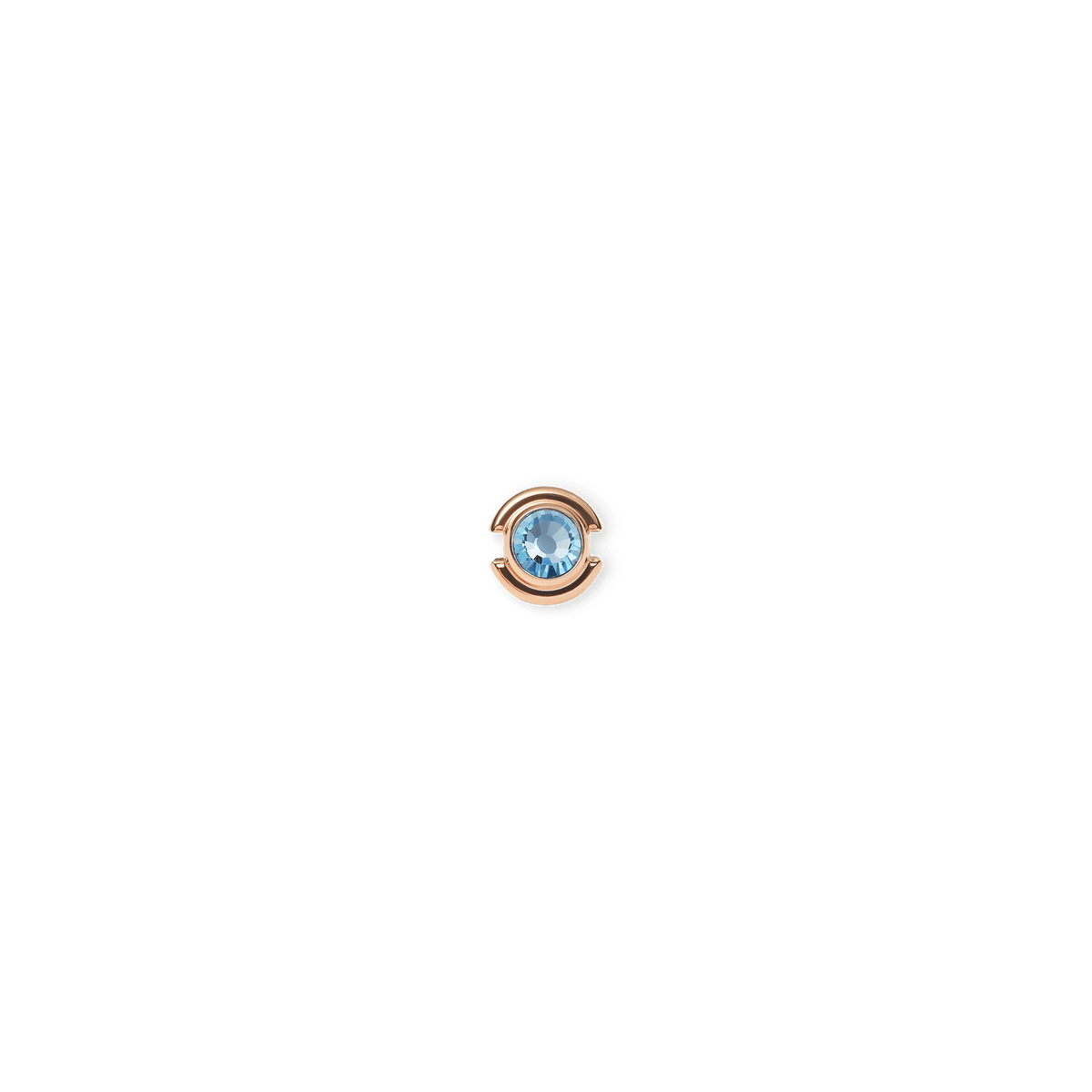 Rose gold charm with a polished finish, featuring a central aquamarine-coloured crystal inspired by the March birthstone.