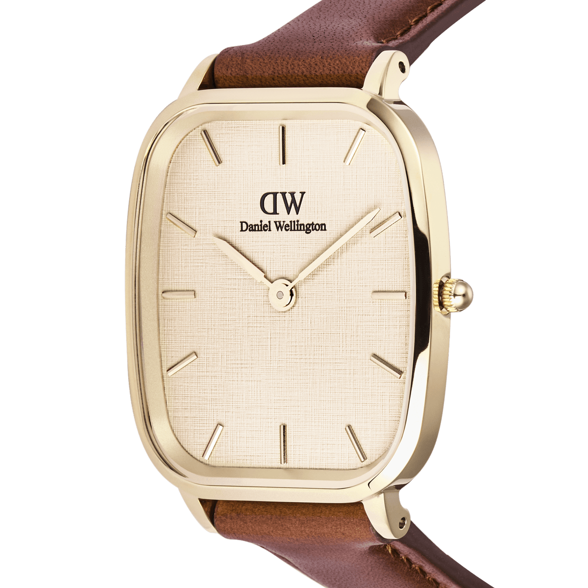 Close-up of the Daniel Wellington Marlon St Mawes Linen Gold watch, highlighting its gold-tone cushion-shaped case, textured linen dial, minimalist gold hour markers, and brown leather strap.