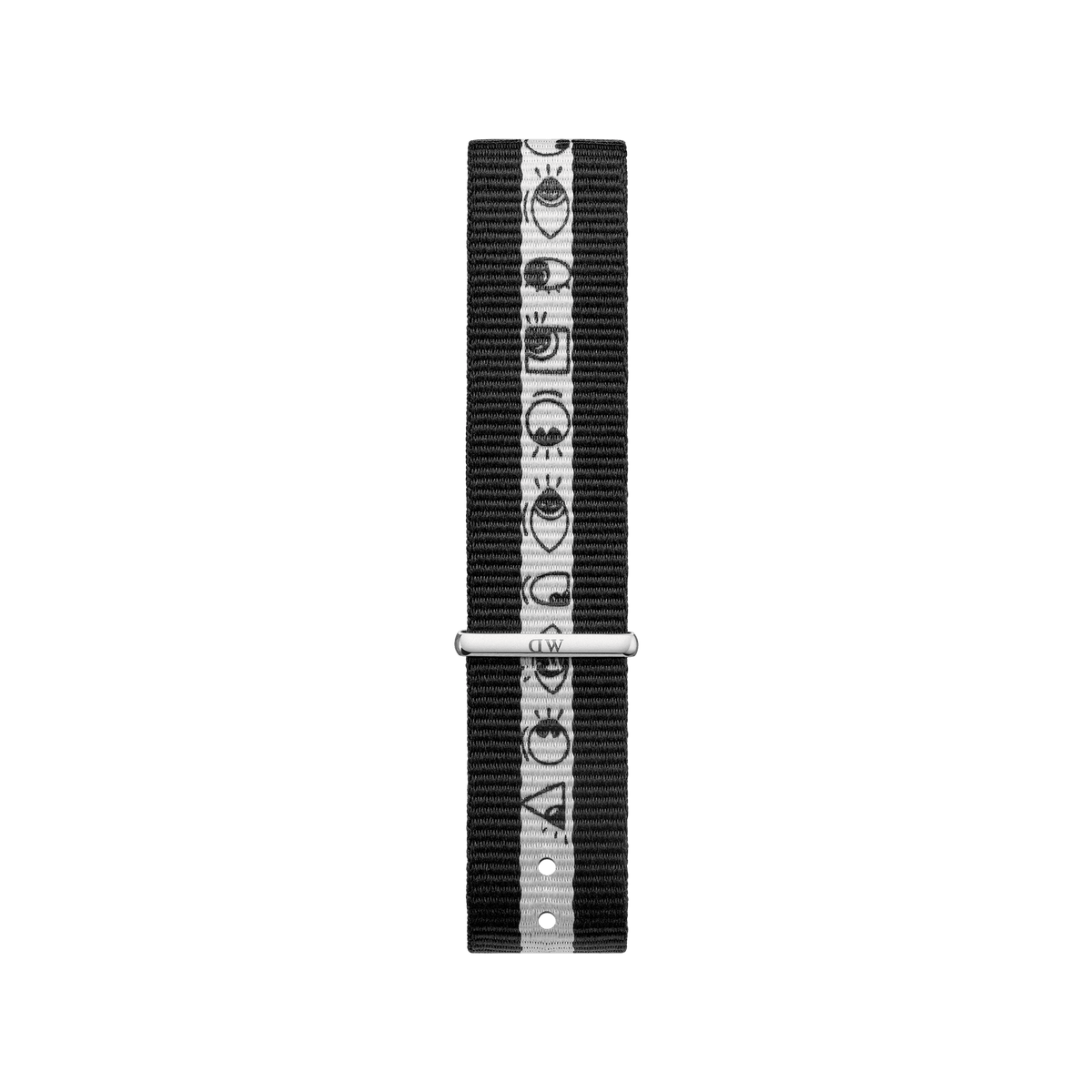 Black and white NATO watch strap from the Steven Harrington x Daniel Wellington set, featuring a central stripe with distinctive character motifs and a silver buckle.