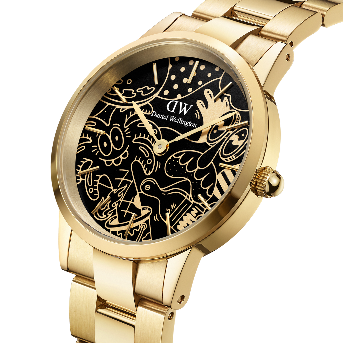 Close-up of the Steven Harrington x Daniel Wellington gold watch, featuring a polished gold link strap and a black dial decorated with playful, artistic illustrations in gold. The unique design blends contemporary art with classic watchmaking for a distinctive, stylish look.