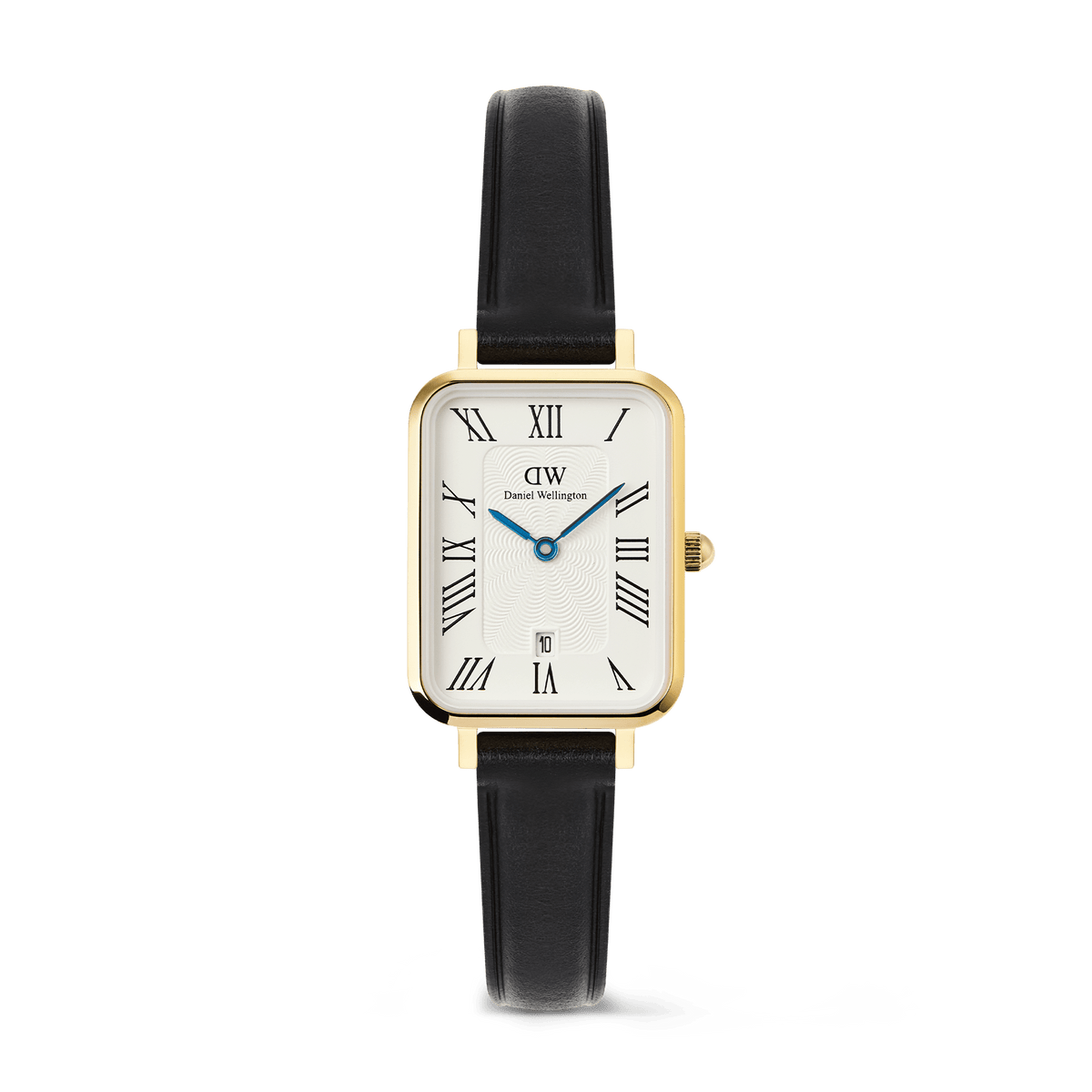Rectangular gold-plated ladies’ watch with a white dial, bold Roman numerals, blue hands, date display at six o’clock, and a black leather strap. The elegant design combines classic styling with modern touches, ideal for both everyday wear and special occasions.