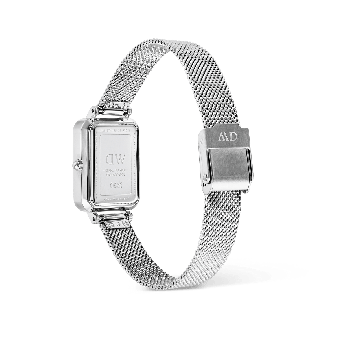 Rear view of the Quadro Sterling Roman Numerals Date watch showing the stainless steel case back, polished silver mesh strap, and secure fold-over clasp.