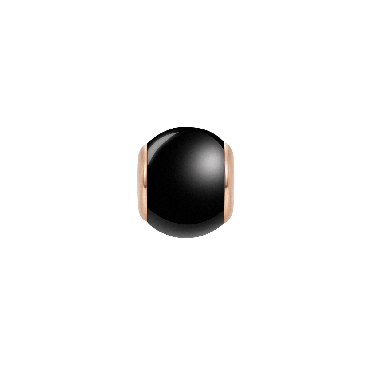 Spherical black ceramic charm with polished rose gold plated stainless steel edges, featuring a minimalist and modern design ideal for bracelets or necklaces.