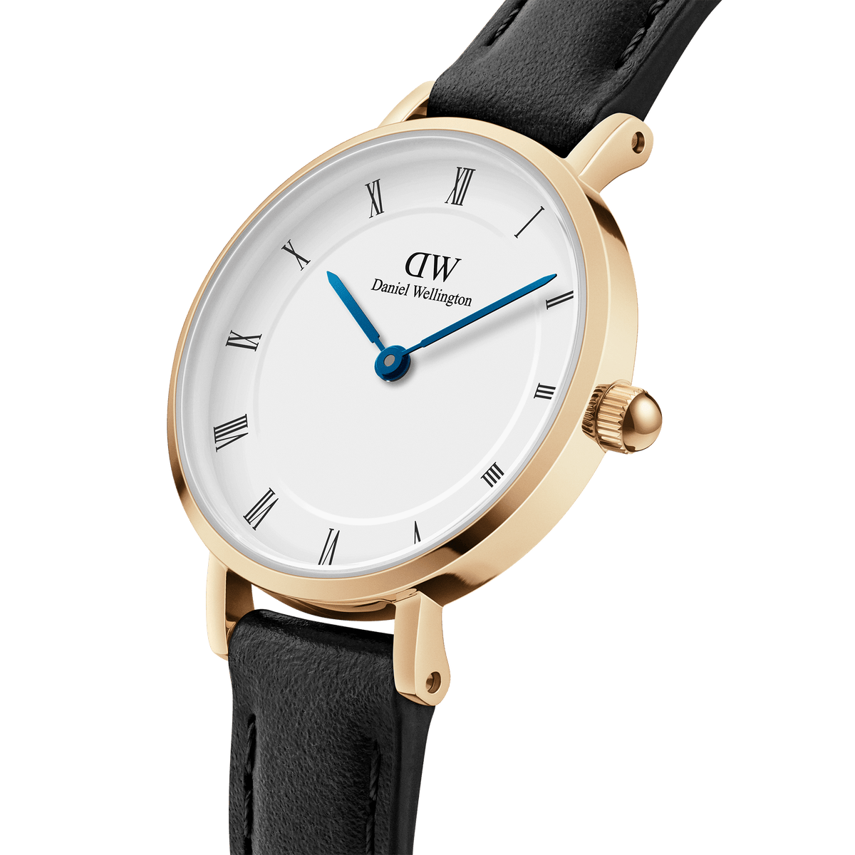 Petite Roman Numerals Sheffield Gold watch with gold case, white Roman numeral dial, blue hands, and black leather strap.