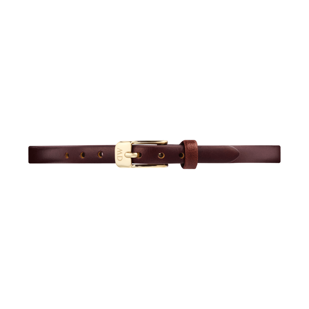 Slim brown leather watch strap with a polished gold-tone buckle, featuring refined stitching and a smooth finish, designed for Daniel Wellington timepieces.