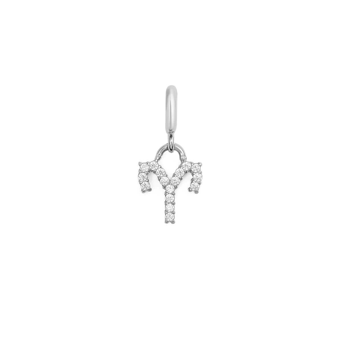 Aries zodiac watch charm in polished silver-tone stainless steel, featuring a sparkling Aries symbol set with cubic zirconia crystals in a refined claw setting.