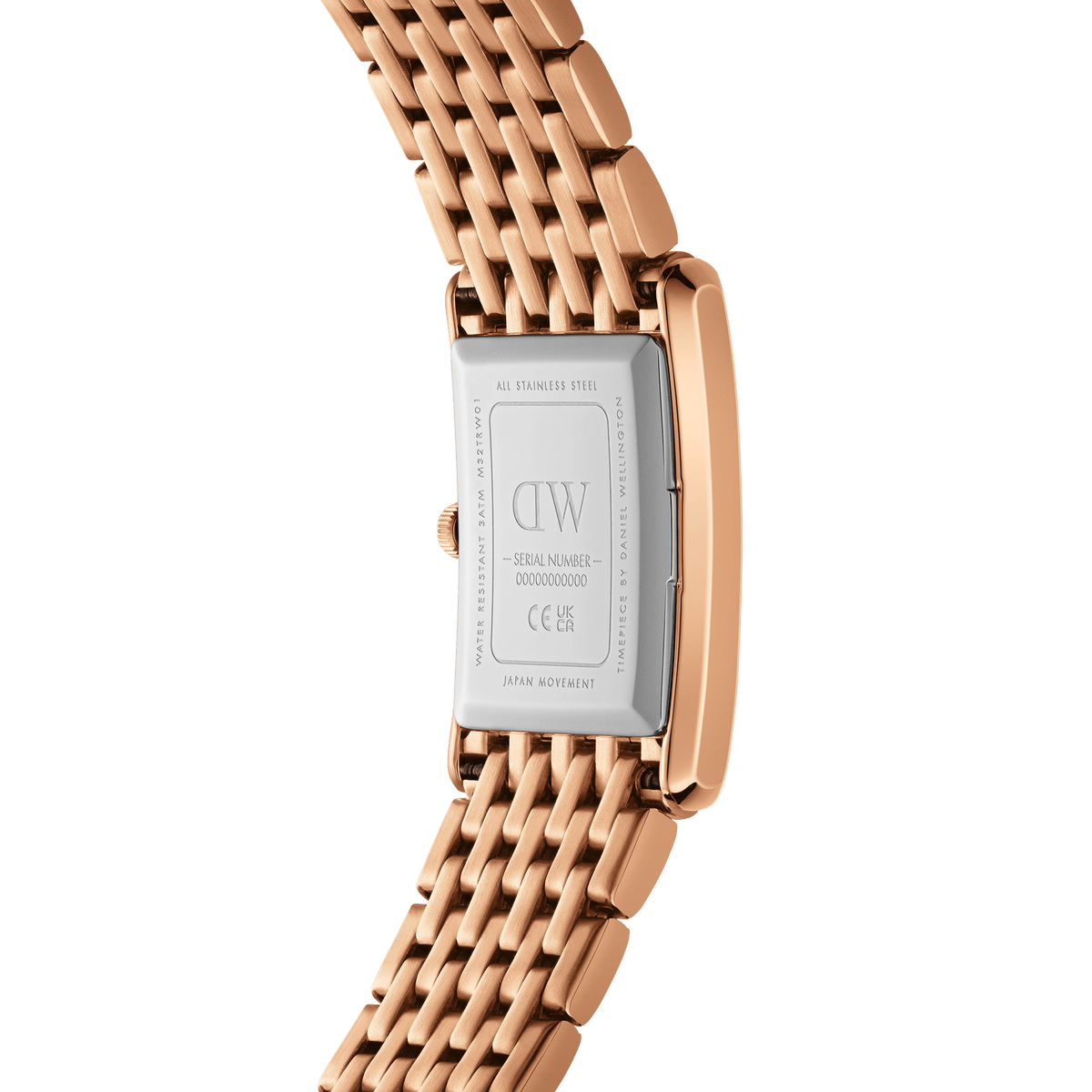 Close-up of the Bound 9-Link Emerald Sunray watch showing the stainless steel case back with engraved branding and the polished rose gold 9-link bracelet.