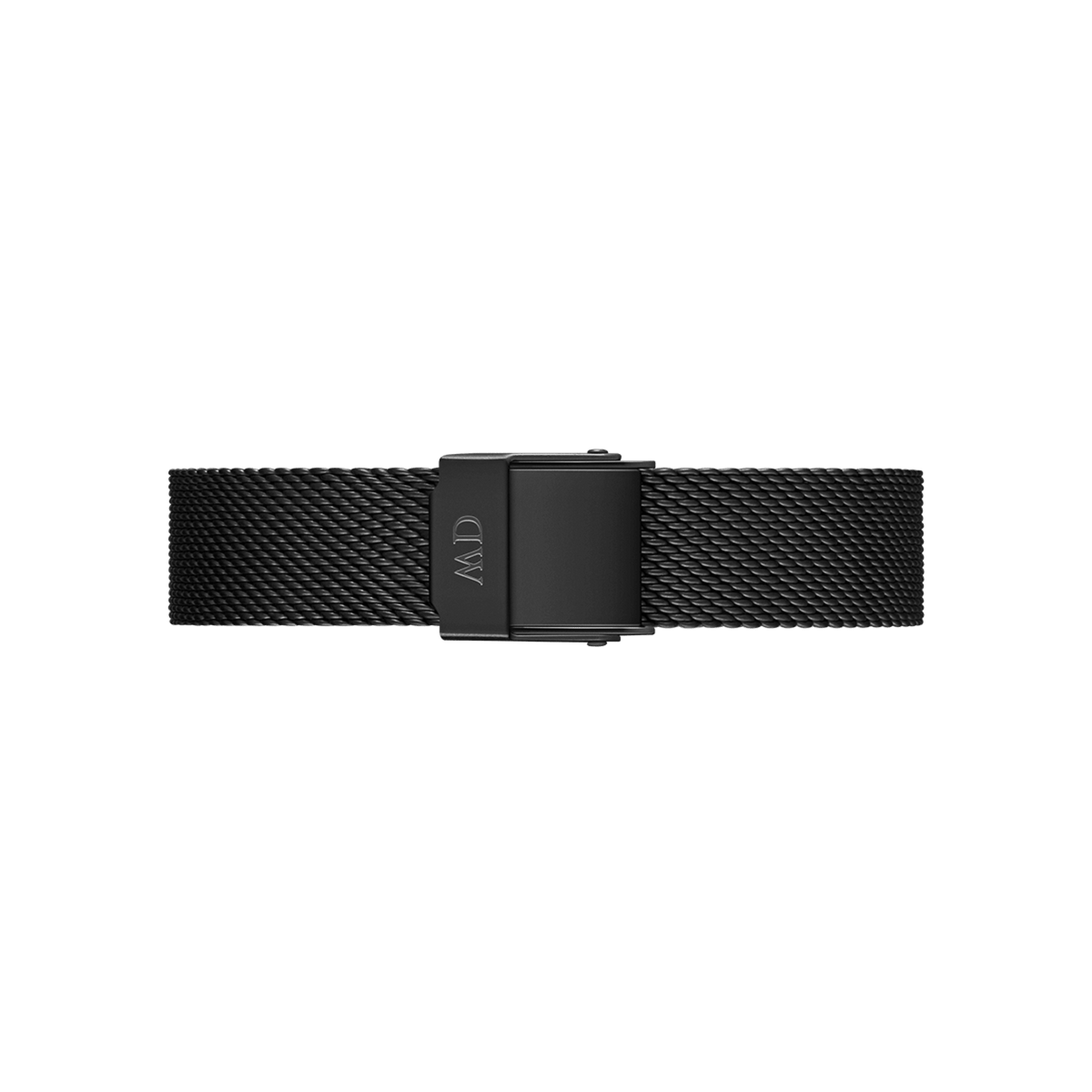 Matte black mesh watch strap with a secure fold-over clasp and subtle texture, designed for Daniel Wellington timepieces. The lightweight stainless steel construction offers a refined, modern look suitable for both formal and casual wear.
