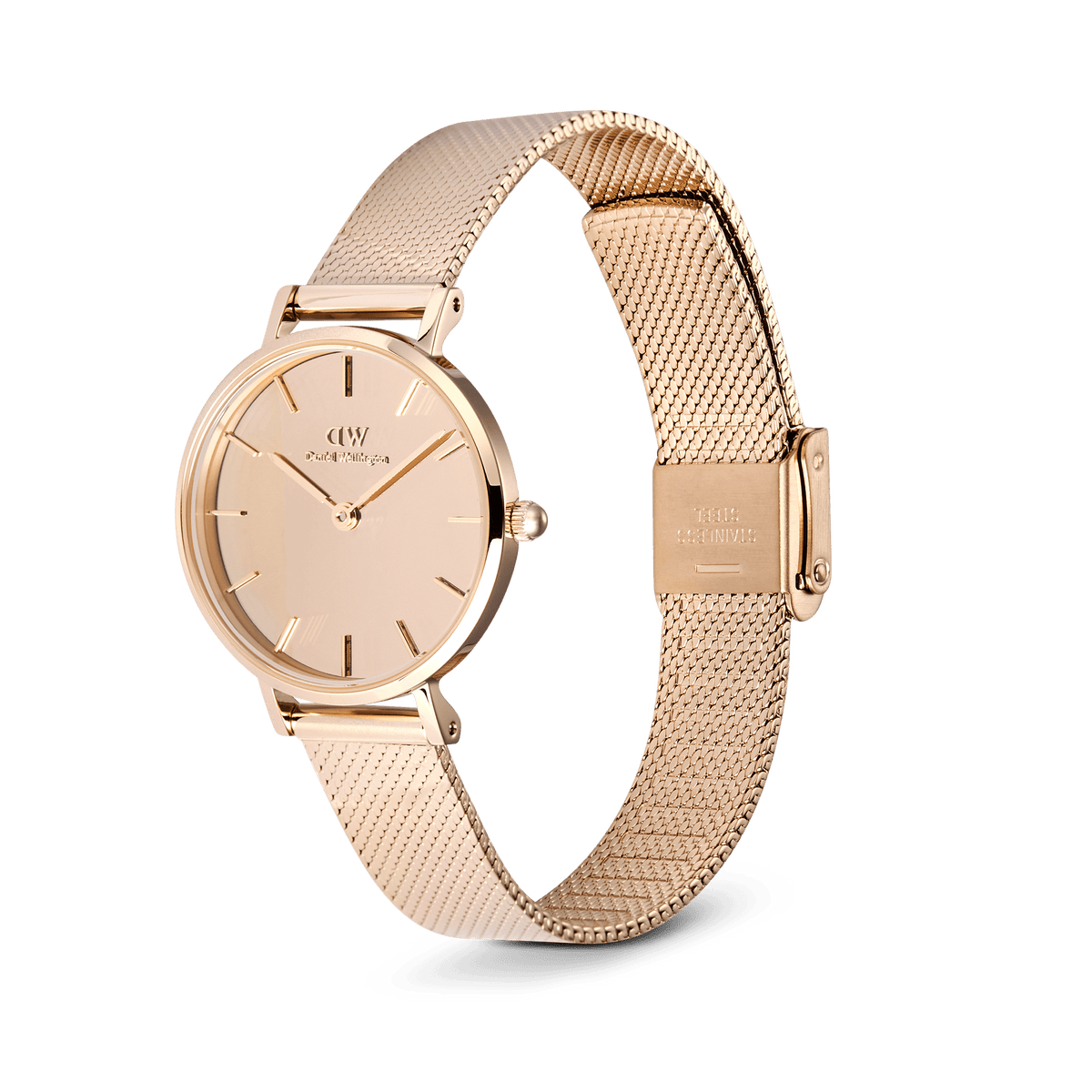 Petite Reflection Rose Gold women’s watch with a mirror glass dial, minimalist round face, and an adjustable rose gold mesh strap with a secure clasp.