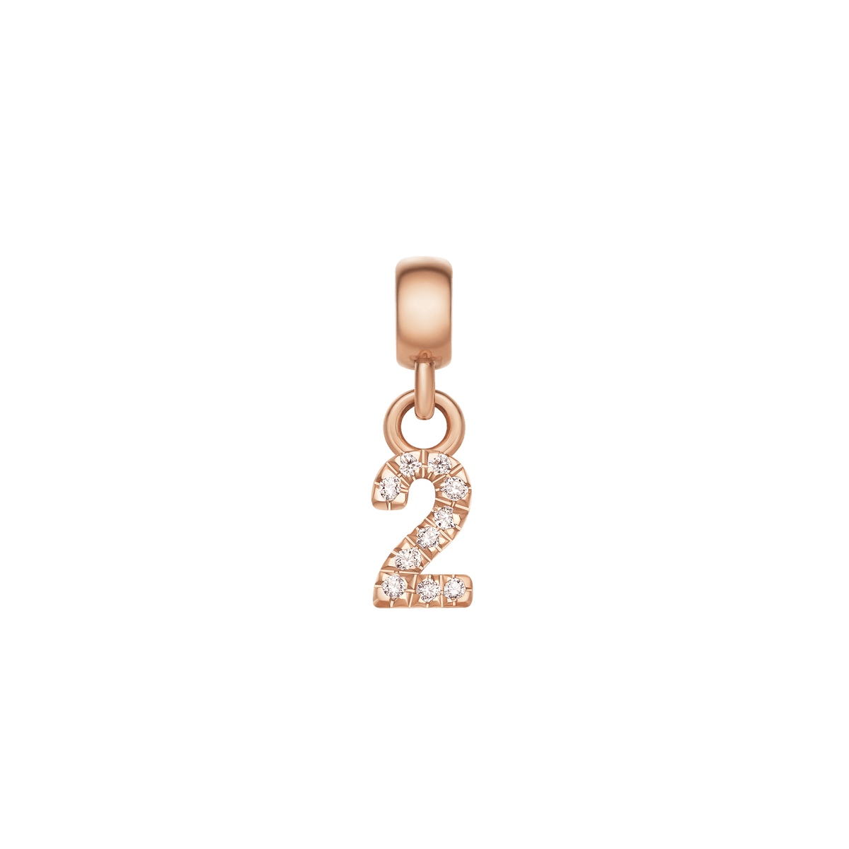 Rose gold number 2 charm adorned with cubic zirconia crystals, ideal for adding a personalised accent to bracelets or necklaces.