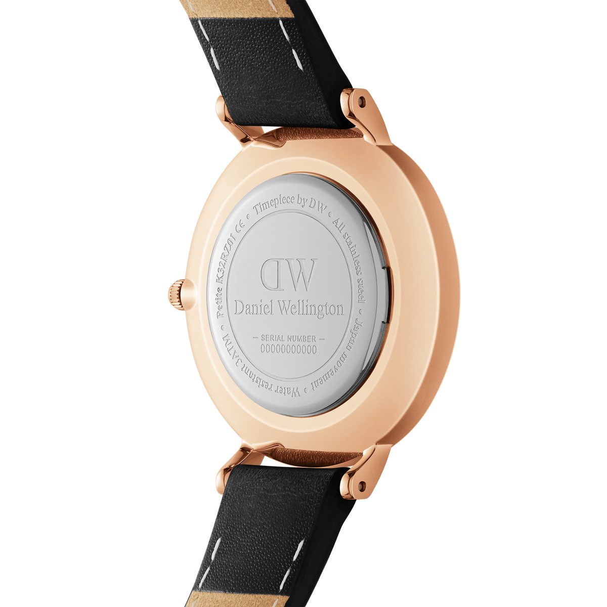 Back view of the Petite Roman Numerals Sheffield Rose Gold watch, highlighting the engraved stainless steel case and black leather strap.