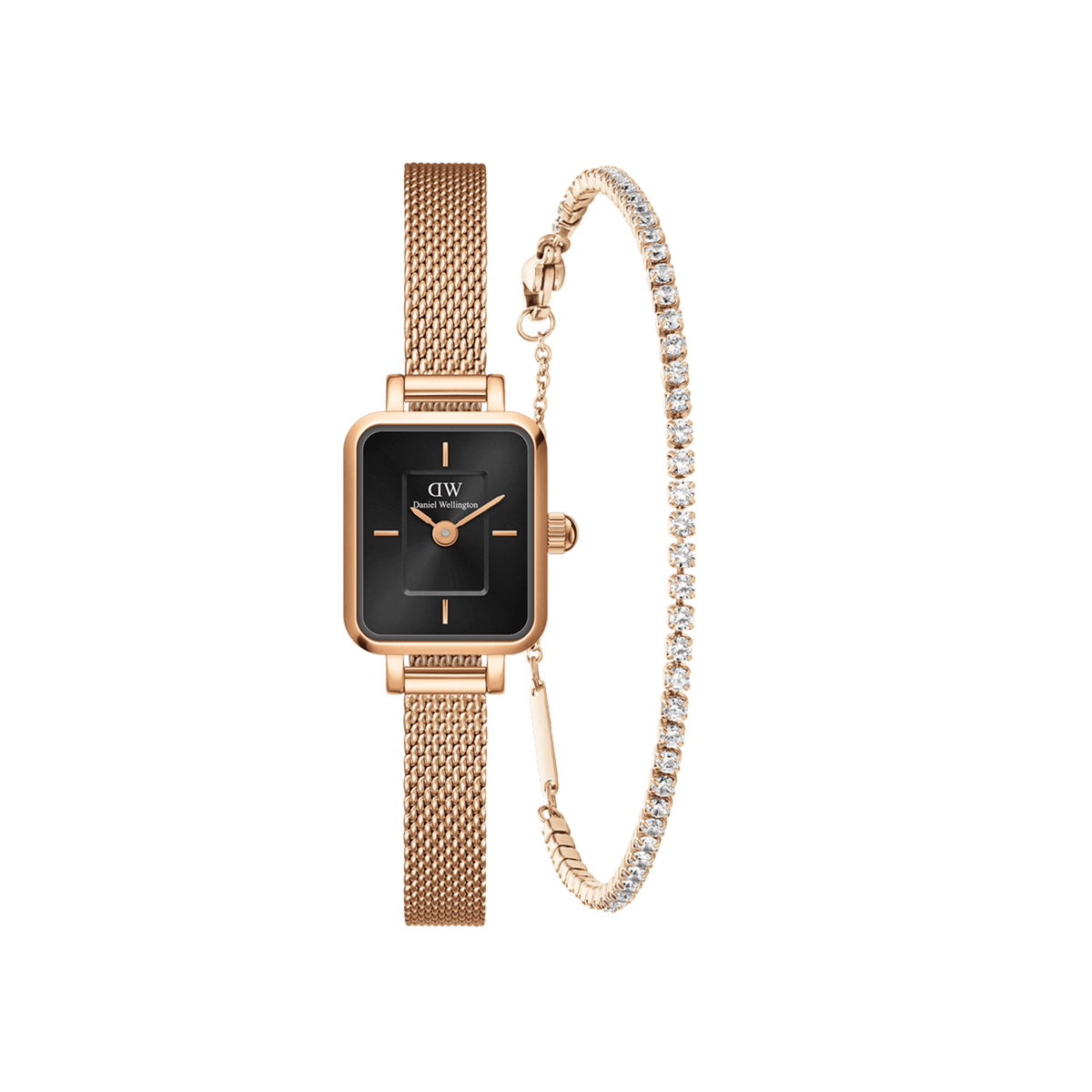 Rose gold Daniel Wellington Quadro Mini Melrose watch with a rectangular black onyx dial and mesh strap, paired with a slender tennis bracelet featuring sparkling crystals.