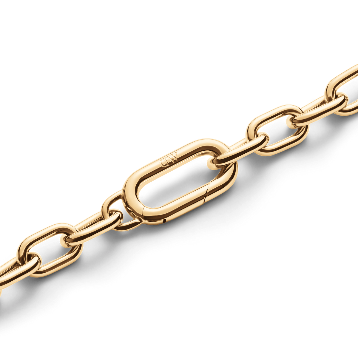 Detail of the Crystal Link Necklace Gold showing the integrated spring gate clasp in polished gold-tone stainless steel, highlighting the seamless and elegant chain design.