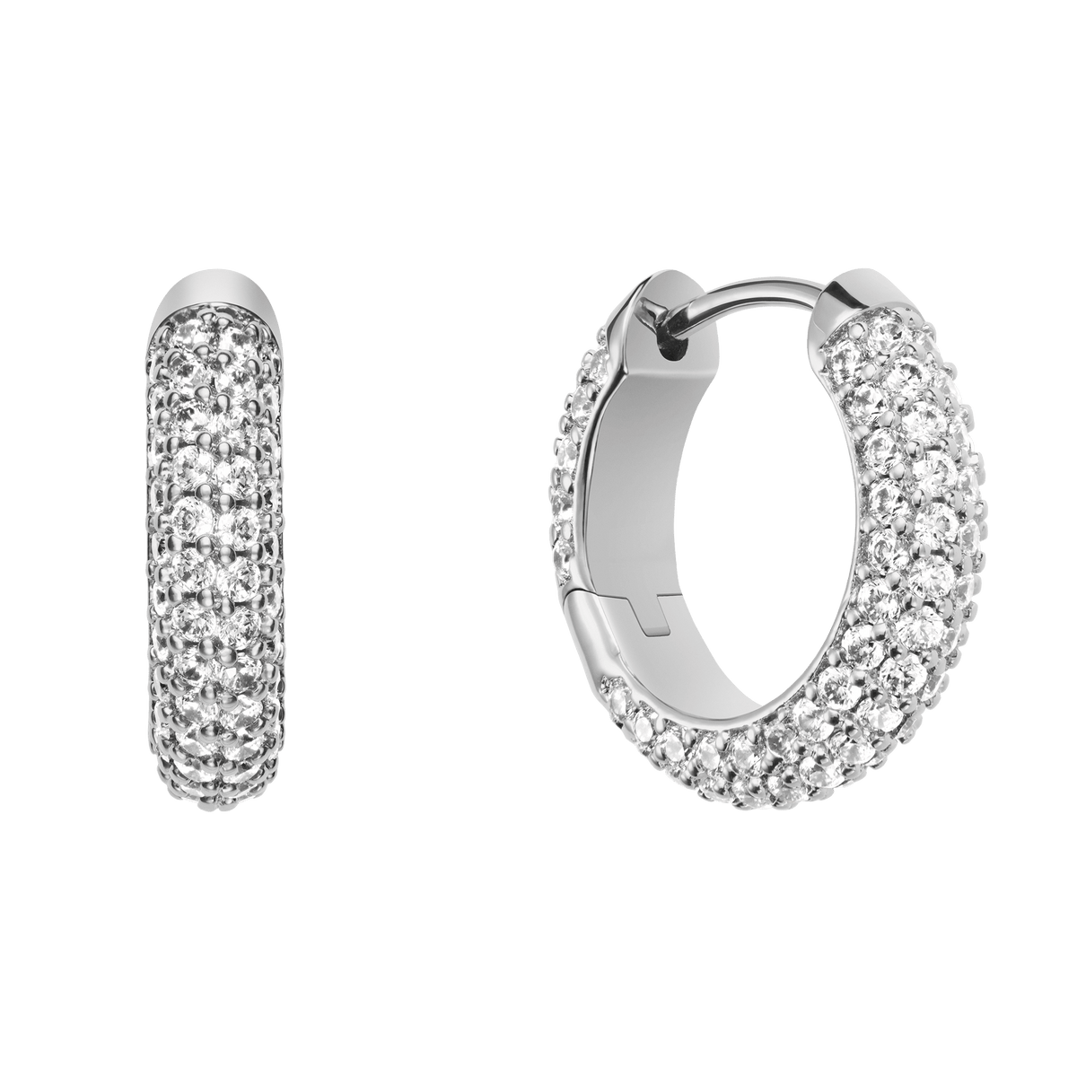 Silver pavé crystal hoop earrings featuring a rounded profile, fully encrusted with sparkling cubic zirconia and finished with a secure hinge lock.