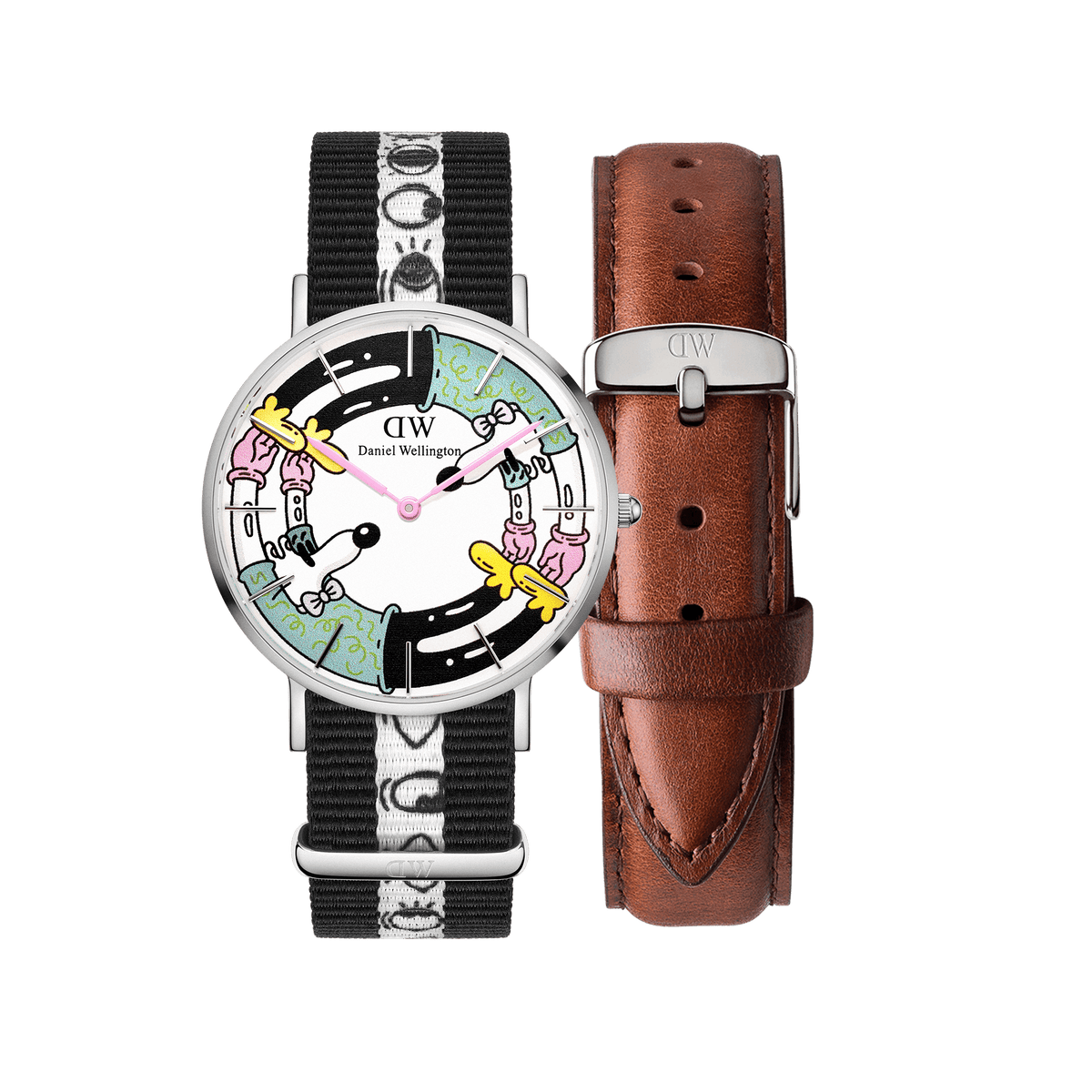 Steven Harrington x Daniel Wellington watch set featuring a silver case, multicolour printed dial with playful character artwork, black and white NATO strap with graphic motifs, and an additional classic brown leather strap.